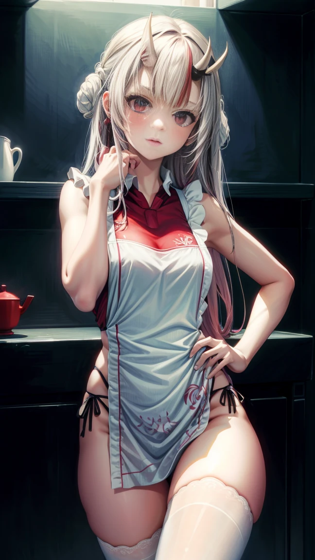 (masterpiece:1.3),(highly detailed:1.3),(highres:1.1),best quality,Ultra-detail,1girl,solo,kitchen,jelofolkwang, apron,((white apron)),ass,sboob, unclear clothes , white pantie, ect body)), salon,((take off pantie)), legwand pantie, ((perfect br, perfect face,slicurved body,pink eyes