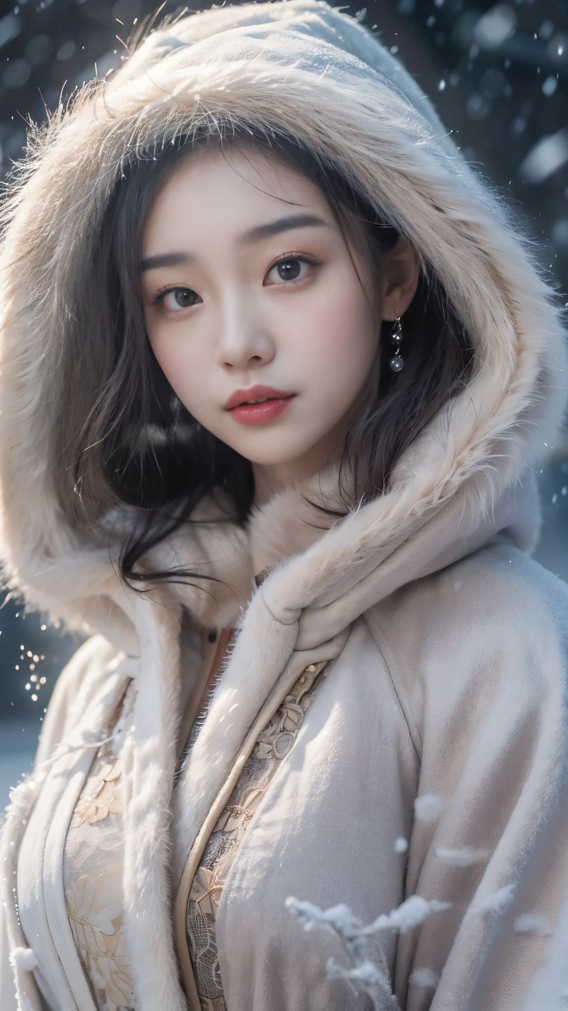 best quality, masterpiece,8k,(Realistically:1.4),Ultra-high resolution,1 girl,(Black transparent lace),(Ultra-realistic skin maps), Ultra Detailed, Surreal, Highly detailed CG illustrations, official art, Movie Lighting, Practical, Young beautiful girl,Perfect body, Full view,enjoy expression,(Start from below:1.3), Sexy pose, Sexy long legs, confidence, Beautiful and sexy, (Gorgeous Chinese Hanfu,cropped shoulder,S-Shape Pose, blush, Chapped lips, View Viewer , half body shot , (fur-edged cloak) ,(Chinese pavilions),It snowed heavily,The ground is covered with snow,