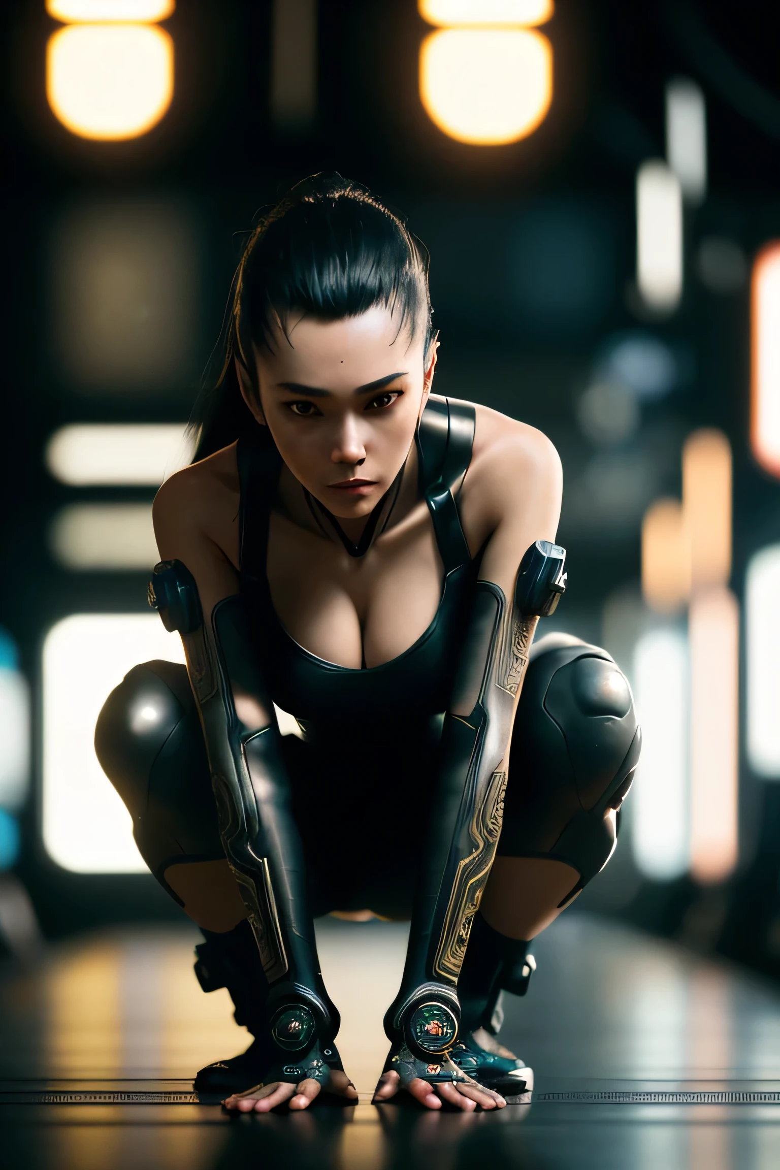 (masterpiece), (extremely intricate:1.3), (realistic), a girl, (cyberpunk), (dynamic perspective), the most beautiful in the world, (crouch down), indoors, caferacer, Aomori, Haifa, professional photograph of a stunning woman detailed, sharp focus, dramatic, award winning, cinematic lighting, octane render unreal engine, volumetrics dtx, (film grain, blurry background, blurry foreground, bokeh, depth of field)