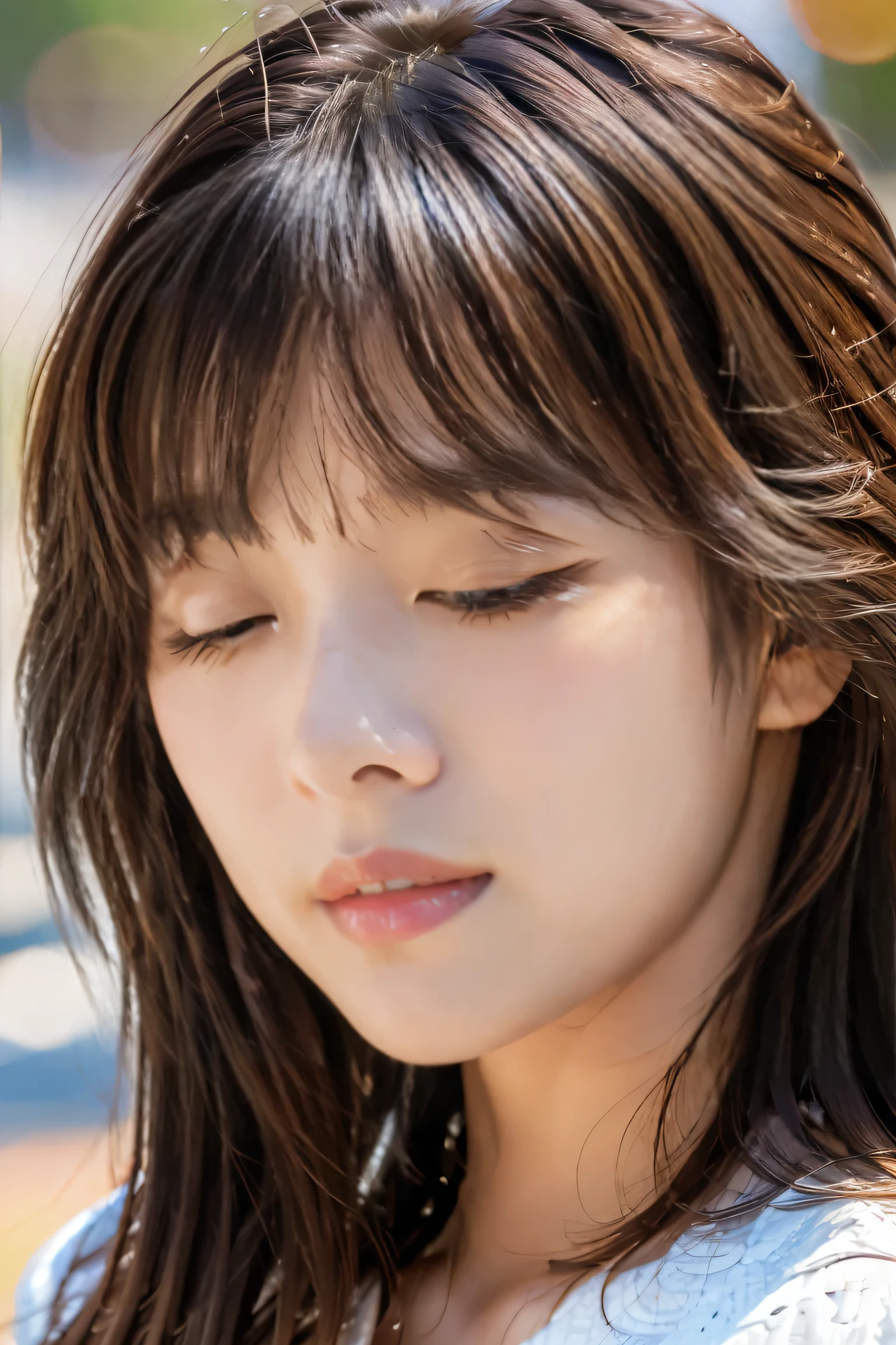 highest quality, Photorealistic, Very detailed, finely, High resolution, 8K Wallpaper, Professional, High level of detail, ((One 18 year old girl:1.2)), Slender Japanese women,cute lips, Detailed clavicle, Mid-chest、Perfect Face, (Cute short hair:1.5), Chestnut Hair、((Close-up of face*1.2))、(Lips inviting you to kiss:1.5)、(Cute eyelids completely closed:1.5)、
