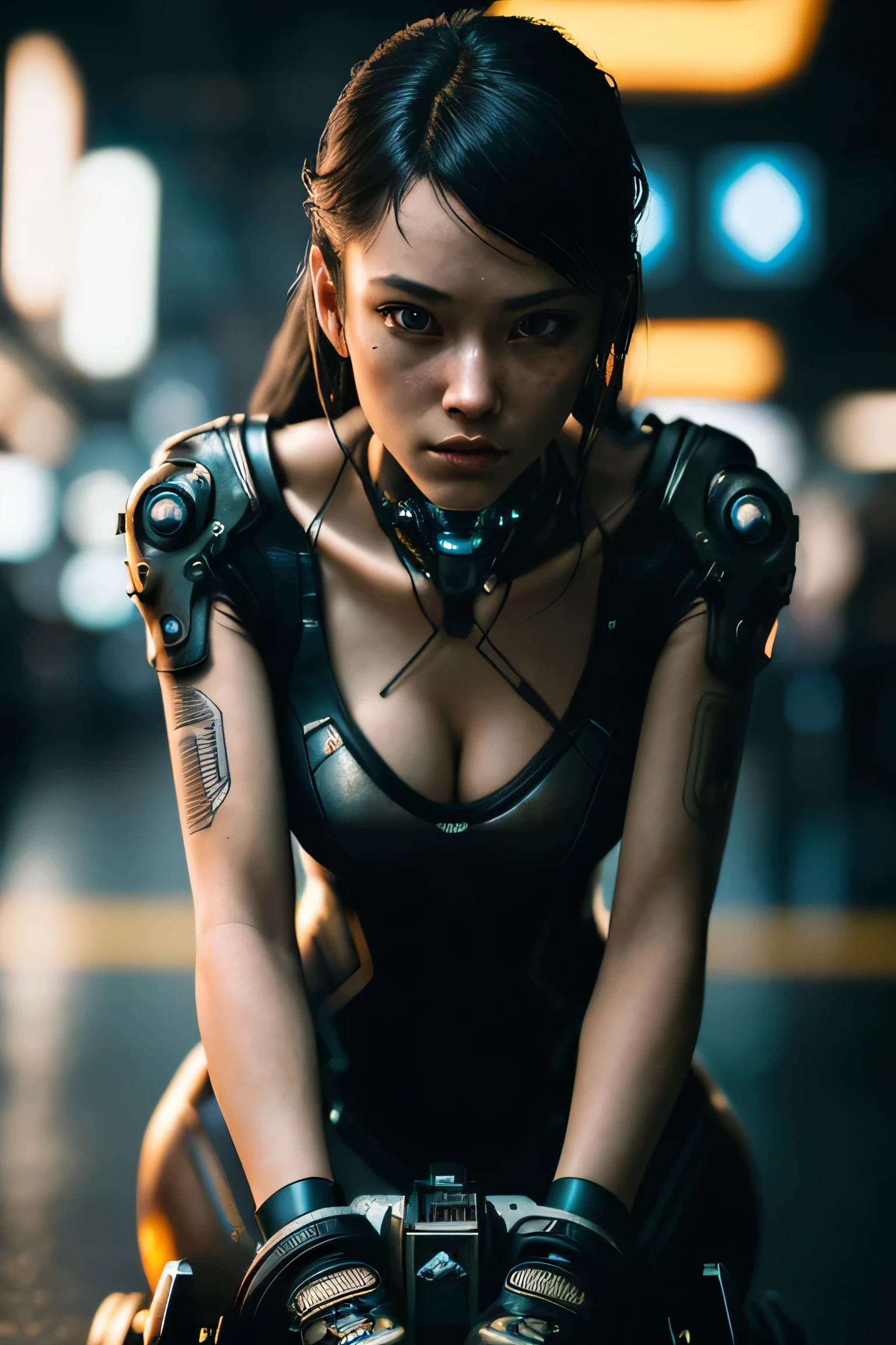 (masterpiece), (extremely intricate:1.3), (realistic), a girl, (cyberpunk), (dynamic perspective), the most beautiful in the world, (crouch down), indoors, caferacer, Aomori, Haifa, professional photograph of a stunning woman detailed, sharp focus, dramatic, award winning, cinematic lighting, octane render unreal engine, volumetrics dtx, (film grain, blurry background, blurry foreground, bokeh, depth of field)