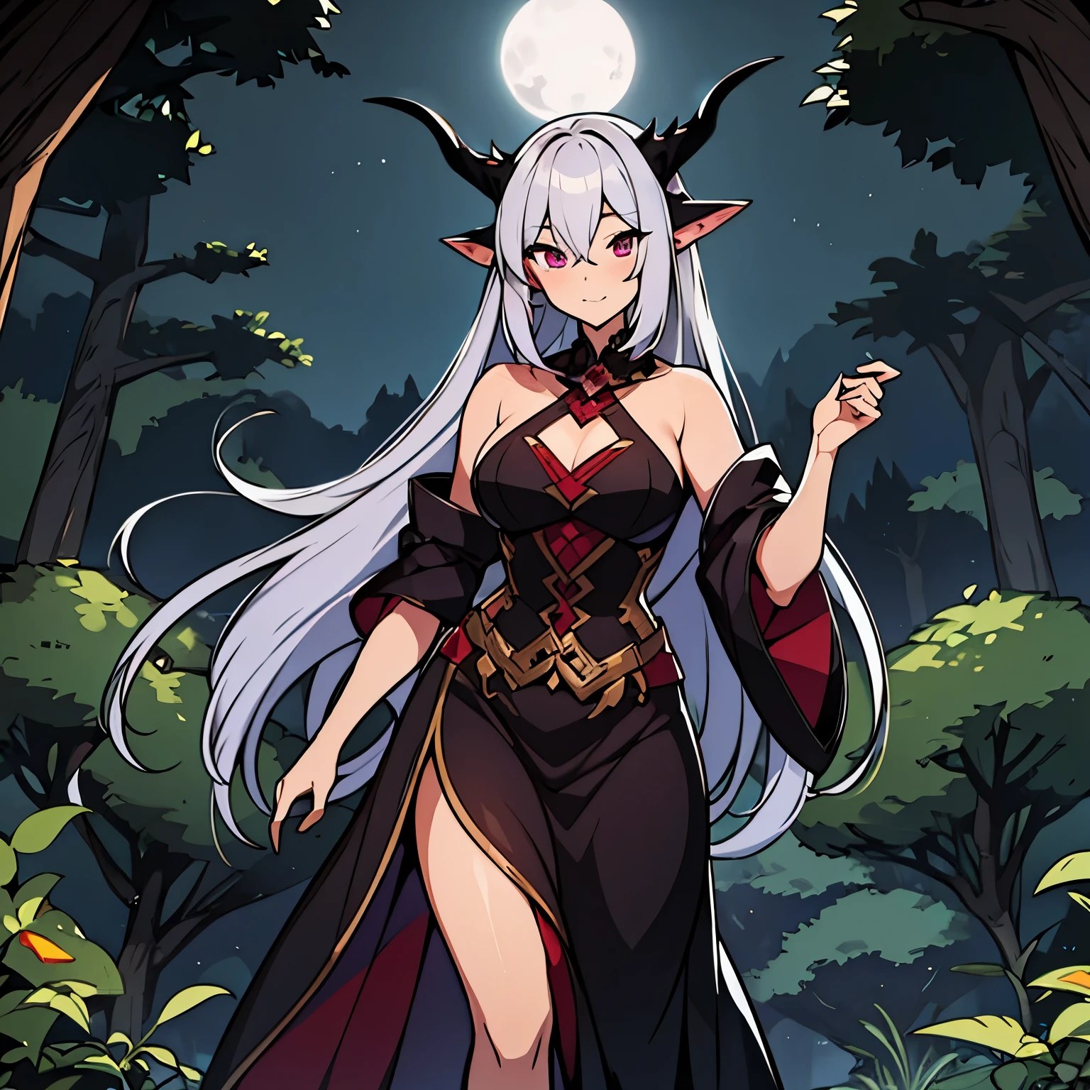 A sexy dragon girl，solo，Silver hair，There are two dragon horns on the head，Wear a dark red bow，Wearing a black and purple evening gown and skirt with fuzz，Walk through the forest。Full Moon Night Style，Medium shot composition, Characters and scenes, game concept art style, Anime illustration style, anime style, Classicism, anime, Conceptual art, tachi-e, close-up, 4K, masterpiece, UHD, high details, high quality, anatomically correct