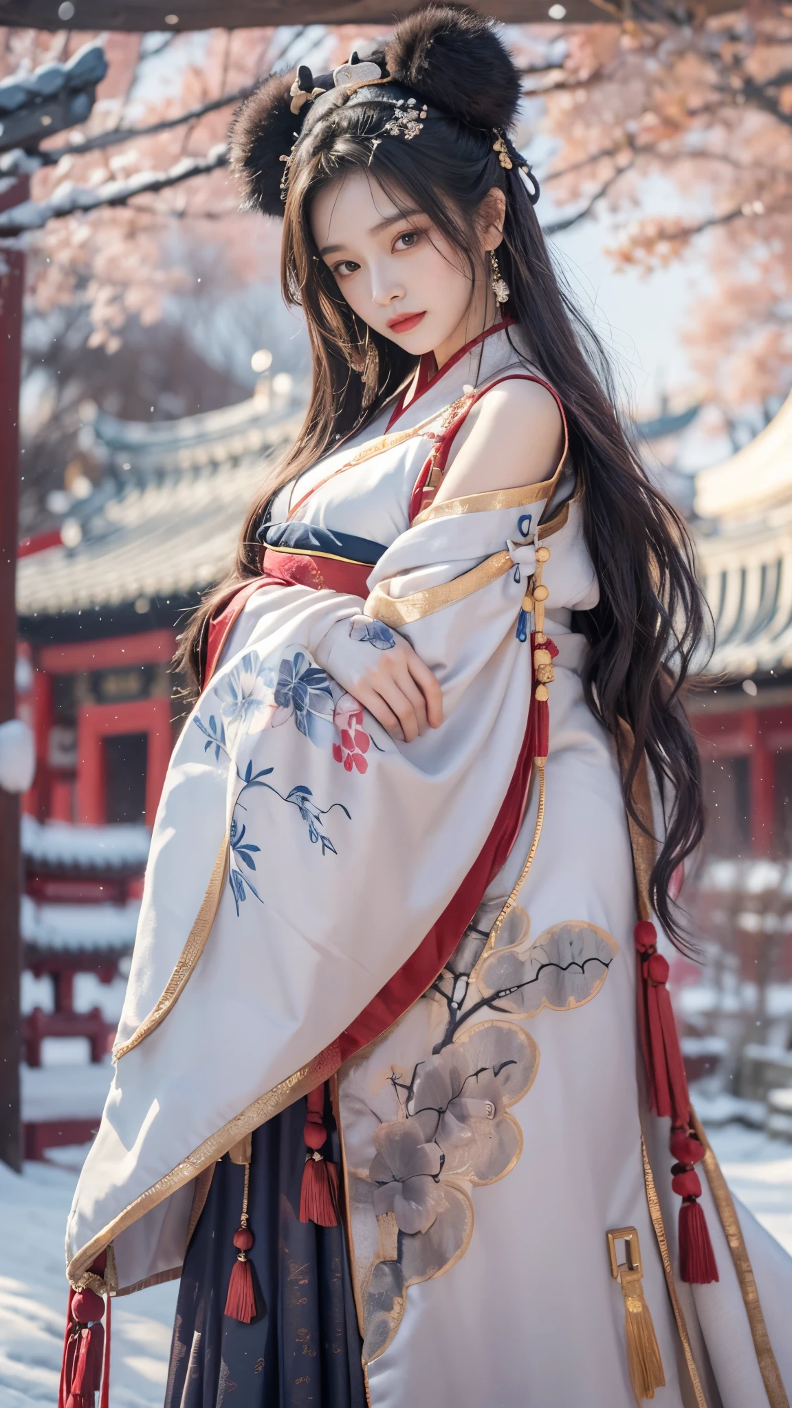best quality, masterpiece,8k,(Realistically:1.4),Ultra-high resolution,1 girl,(Ultra-realistic skin maps), Ultra Detailed, Surreal, Highly detailed CG illustrations, official art, Movie Lighting, Practical, Young beautiful girl,Perfect body, Full view,enjoy expression,(Start from below:1.3), Sexy pose, Sexy long legs, confidence, Beautiful and sexy, ((Gorgeous Chinese Hanfu)),cropped shoulder,S-Shape Pose, blush, Chapped lips, View Viewer , half body shot , (fur-edged cloak) ,(Chinese pavilions),It snowed heavily,The ground is covered with snow,