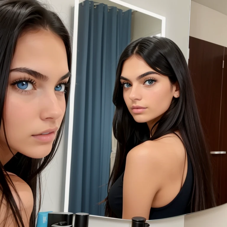 Girl, beautiful, teenager, black hair, blue eyes, Isis Valverde face, taking a photo in the mirror