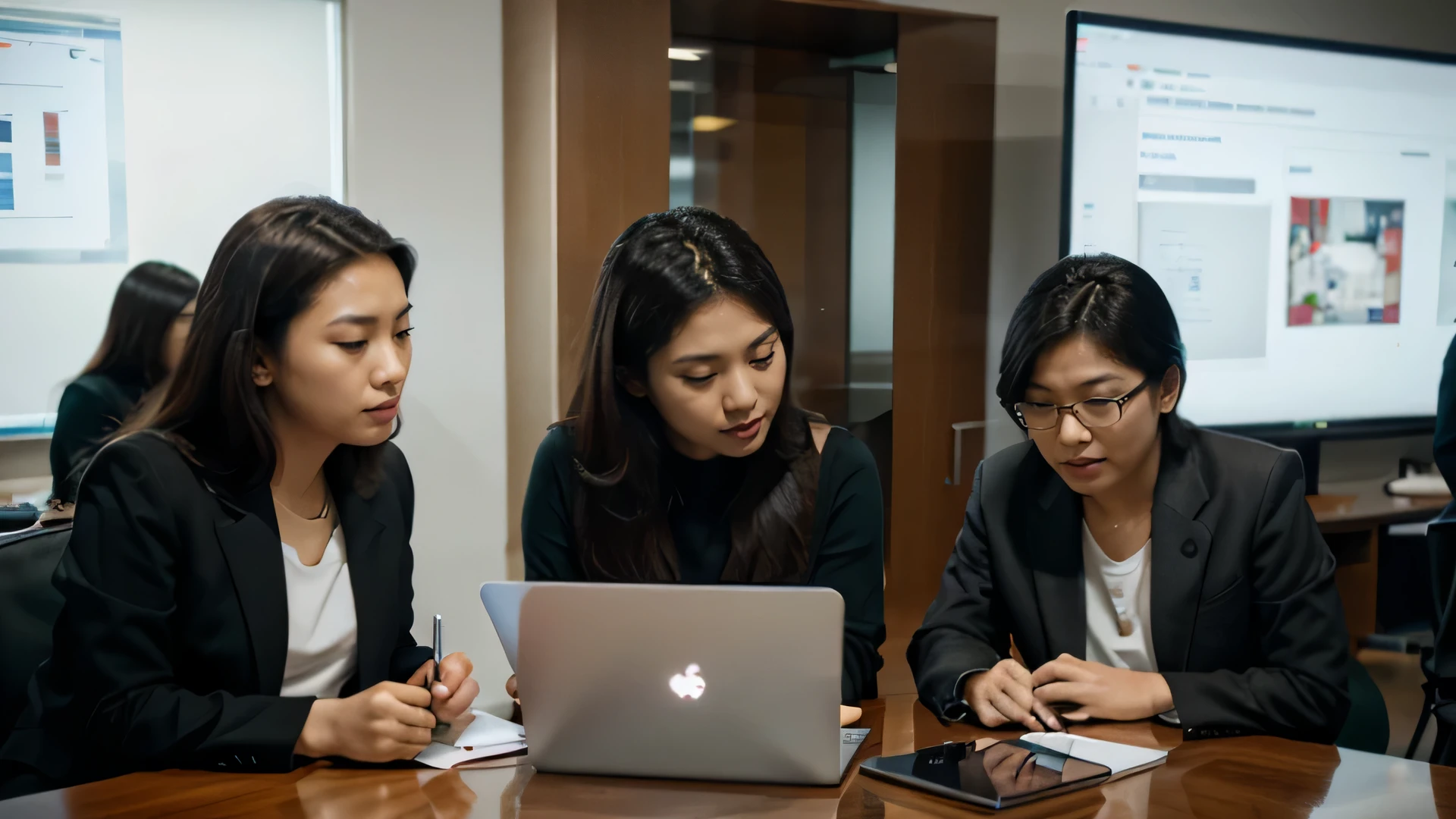 Several Asians gathered around. Laptop in conference room, On a dark background, Interesting background, High quality images, professional image, people at work, throng, Everyone has fun., Portrait, colleague, thumbnail, High quality images, Hot photos of 2019, special, transparent background, Edited, high resolution, high resolution