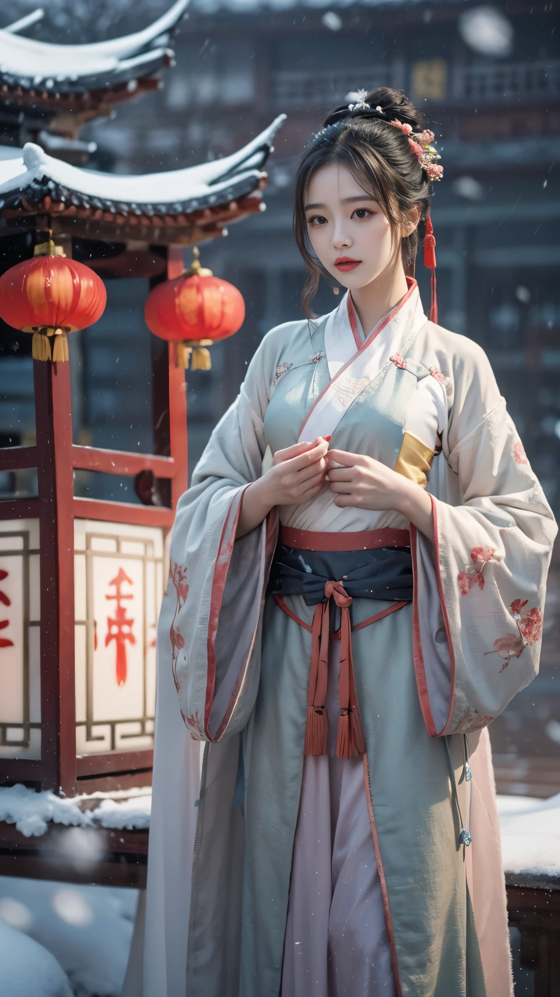 best quality, masterpiece,8k,(Realistically:1.4),Ultra-high resolution,1 girl,(Ultra-realistic skin maps), Ultra Detailed, Surreal, Highly detailed CG illustrations, official art, Movie Lighting, Practical, Young beautiful girl,Perfect body, Full view,enjoy expression,(Start from below:1.3), Sexy pose, Sexy long legs, confidence, Beautiful and sexy, ((Gorgeous Chinese Hanfu)),cropped shoulder,S-Shape Pose, blush, Chapped lips, View Viewer , half body shot , (fur-edged cloak:1.2) ,(Chinese pavilions),It snowed heavily,The ground is covered with snow,