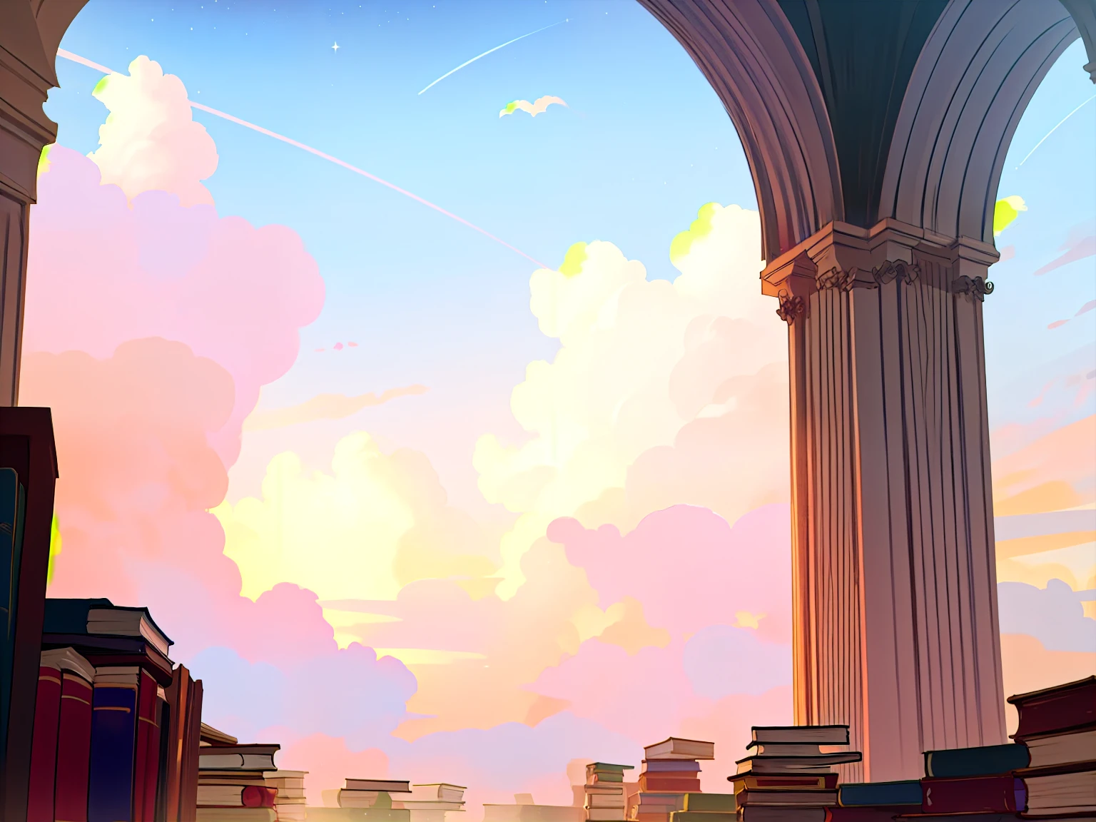 (((masterpiece))), (((Best quality))), Fantastic library with a bunch of clouds in white, blue and pink flowers. many fantastic clouds, stars are visible, no people. a lot of books are flying, there are characteristic curls in the clouds. Library with a bunch of books