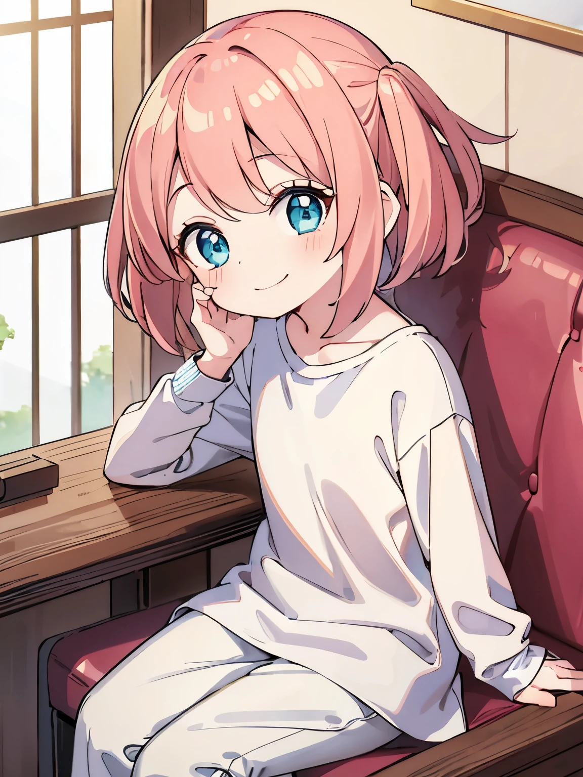 1girl,6 years old,Sit down,In the dungeon, smile,blonde hair, blue eyes,Long sleeve t-shirt, white t-shirt,white trousers, very cute, very short hair, side bangs,ultra detail, ultra HD