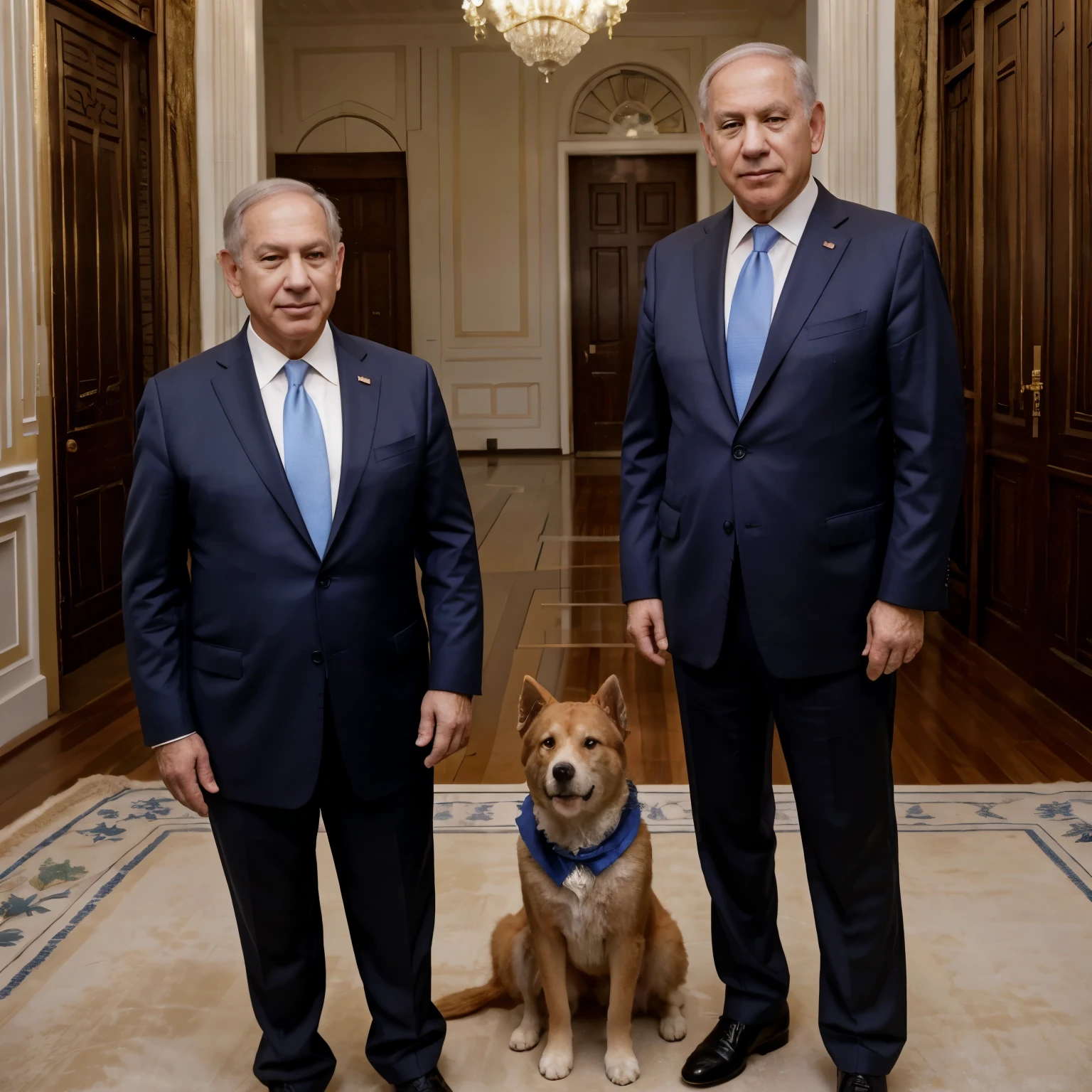 Israel president Netanyahu, standing in an idle pose, towers over a smaller Joe Biden with a contemptuous smirk gracing his chiseled features. His muscular frame, impeccably dressed in a tailored suit, is meticulously rendered in the highest quality of photorealism, every detail intricately depicted in a masterpiece of raw image data. Biden, playfully dressed in a dog costume, looks submissive and amused, his delicate eyes gazing up at Netanyahu with a resigned expression. The scene is captured in a clear, cinematic light with sidelighting, eliciting a dramatic, cold atmosphere. Netanyahu's intense gaze, fixed on