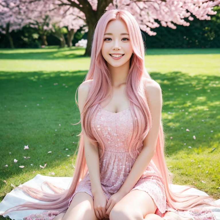 A young, beautiful woman with long pink hair was sitting on the grass in a park, looking at me and smiling like the Virgin Mary. Focal length 100mmf/2.8, spring evening, sunny, grass under the sunlight filtering through the trees, a gentle breeze swaying my hair, cherry blossom petals dancing around, a well-shaped face, a toned body, long pink hair, a long pink dress, beautiful hands, Realism, 8K image quality, and highest quality.