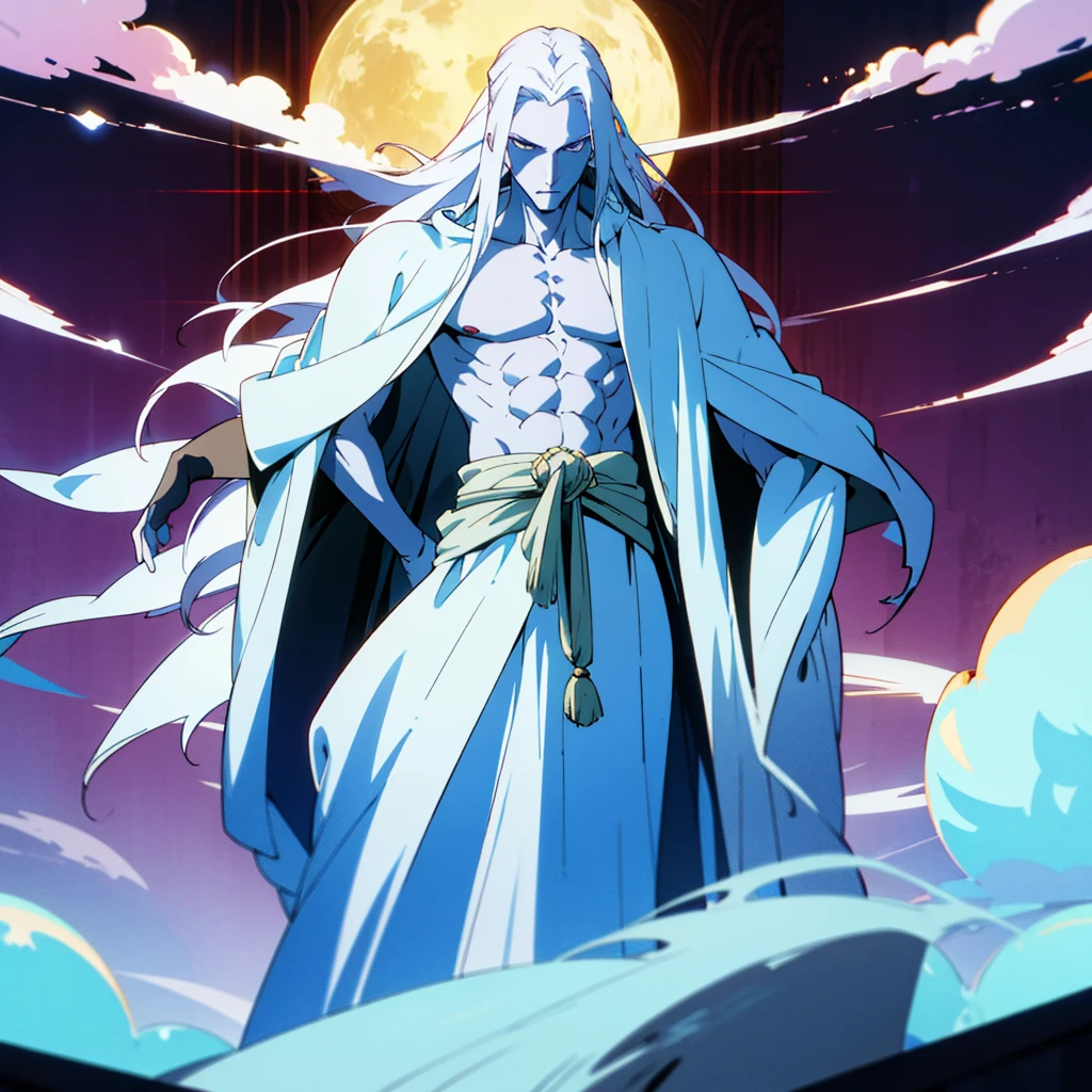 A majestic silhouette of a tall muscular man, white hair, long hair, pale skin, ancient clothing, only one man.
