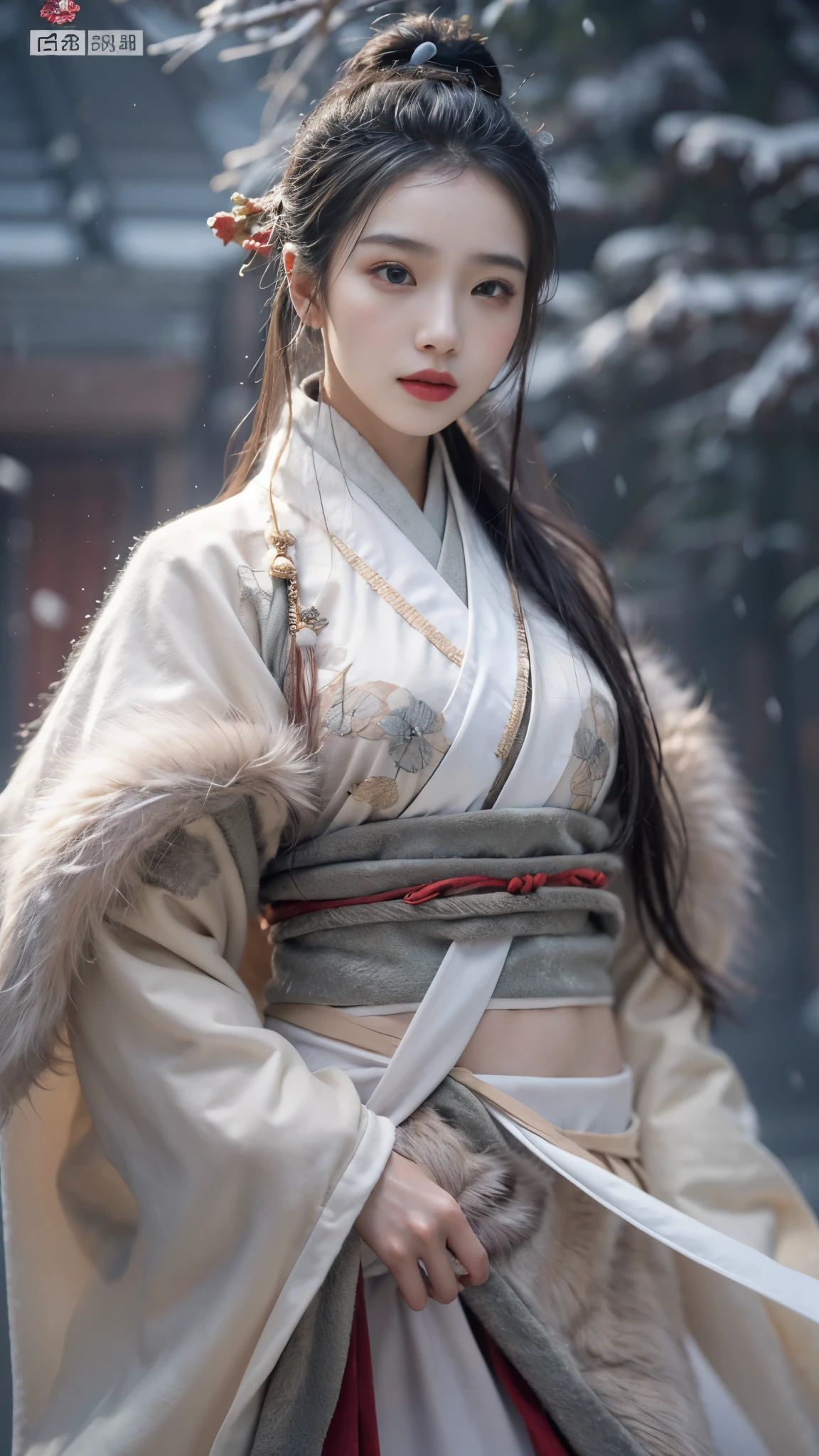 best quality, masterpiece,8k,(Realistically:1.4),Ultra-high resolution,1 girl,(Ultra-realistic skin maps), Ultra Detailed, Surreal, Highly detailed CG illustrations, official art, Movie Lighting, Practical, Young beautiful girl,Perfect body, Full view,enjoy expression,(Start from below:1.3), Sexy pose, Sexy long legs, confidence, Beautiful and sexy, ((Gorgeous Chinese Hanfu)),cropped shoulder,S-Shape Pose, blush, Chapped lips, View Viewer , half body shot , (fur-edged cloak:1.5) ,(Chinese pavilions),It snowed heavily,The ground is covered with snow,