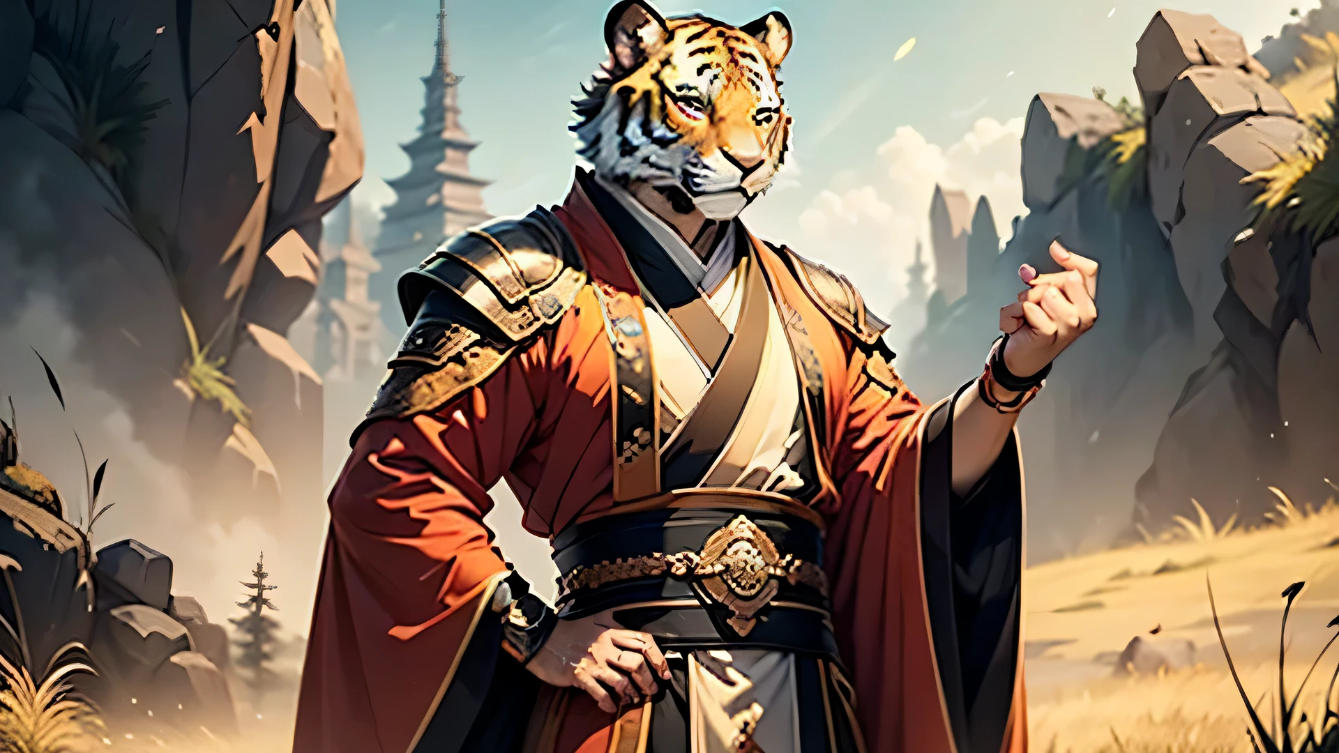 (A man in Hanfu),Anthropomorphic tiger,daytime,grassland,Look at the camera,full_body,whole body