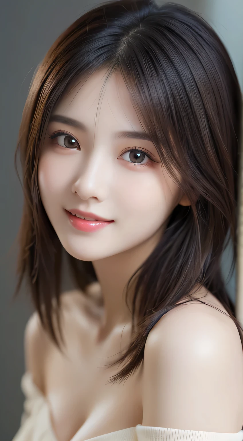 1girl, Extremely cute, amazing face and eyes, (extremely detailed beautiful face), (Ultra realistic), (highly detailed eyes, highly detailed hair, highly detailed face, highly detailed plump lips), naked, (off shoulder), breasts, upper body, caute smile, (best quality:1.4), Raw photo, (realistic, photo-realistic:1.37), professional photography, cinematic light,