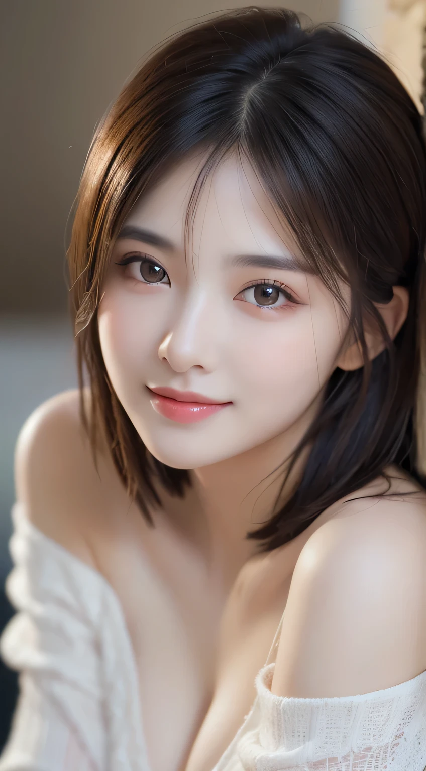 1girl, Extremely cute, amazing face and eyes, (extremely detailed beautiful face), (Ultra realistic), (highly detailed eyes, highly detailed hair, highly detailed face, highly detailed plump lips), naked, (off shoulder), breasts, upper body, caute smile, (best quality:1.4), Raw photo, (realistic, photo-realistic:1.37), professional photography, cinematic light,