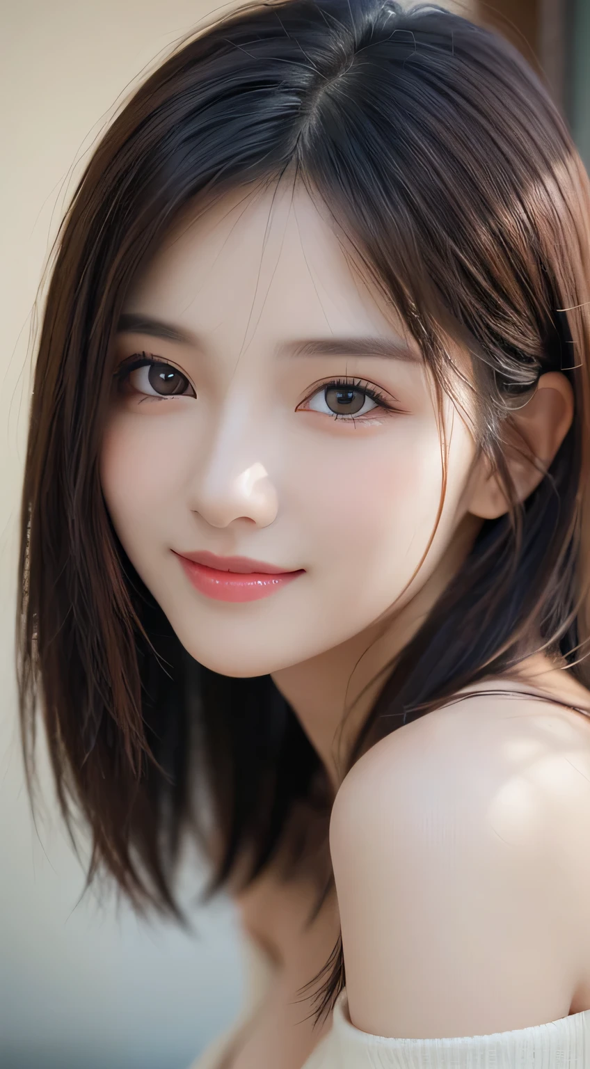 1girl, Extremely cute, amazing face and eyes, (extremely detailed beautiful face), (Ultra realistic), (highly detailed eyes, highly detailed hair, highly detailed face, highly detailed plump lips), naked, (off shoulder), breasts, upper body, caute smile, (best quality:1.4), Raw photo, (realistic, photo-realistic:1.37), professional photography, cinematic light,