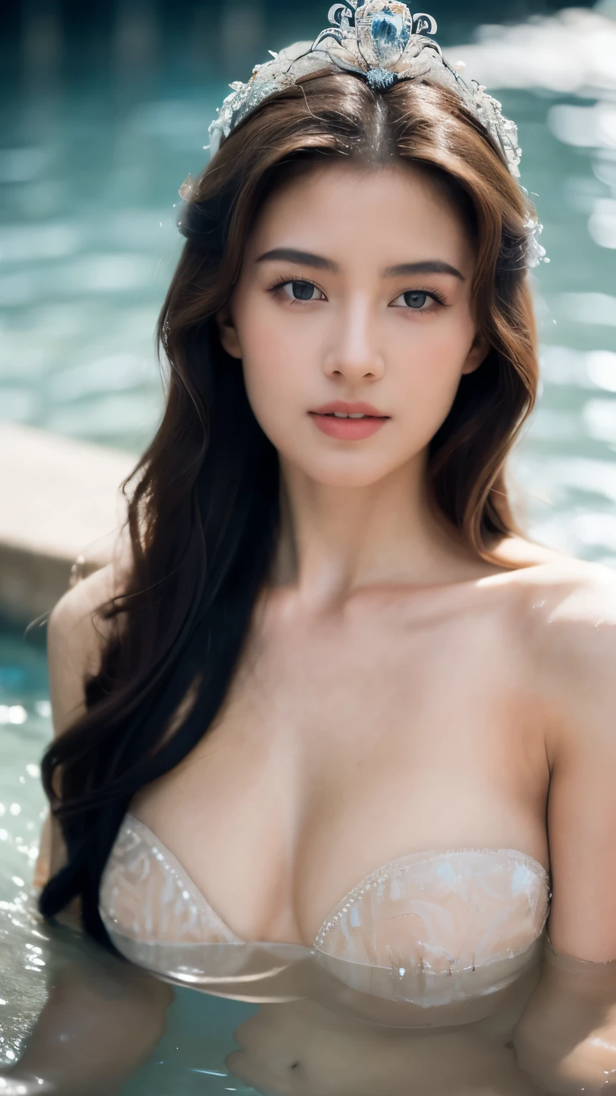 A stunningly elegant Ukrainian princess appears regal in a private bath, her striking features illuminated by the glistening water. The photograph, captured by an EOS 850D DSLR, showcases her natural beauty perfect chested in exquisite detail. Her luxuriant hair cascades gracefully, and her flawless skin reflects the soft light, creating a mesmerizing portrait of royal elegance. The high-resolution image captures every intricate detail, conveying the princess's serene and captivating presence with remarkable clarity