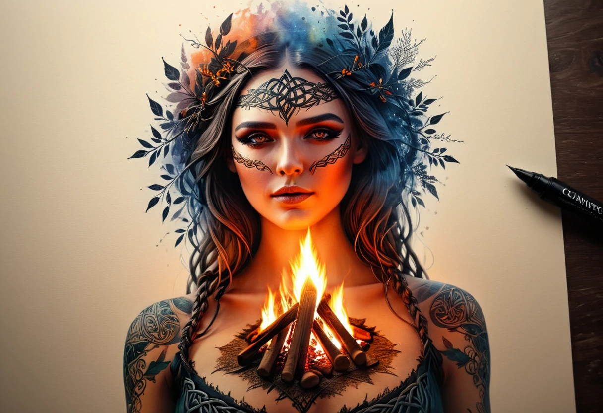 Double exposure Beltane campfire, Sketch with ink. A beautiful woman In an ancient Celtic Against the background of Folk Irish night campfire dances, mystical Celtic clothes  and makeup. Multi exposure Sacred May Tree in Celtic patterns. References to the work of Philippe Vignal . High Resolution, High Quality, Masterpiece, ultra hd, realistic, vivid colors, highly detailed, UHD drawing, pen and ink, perfect composition, beautiful detailed intricate insanely detailed octane render trending on artstation, 8k artistic photography, photorealistic concept art, soft natural volumetric cinematic perfect light,digital rendering. sharp focus, studio photo, intricate details, highly detailed