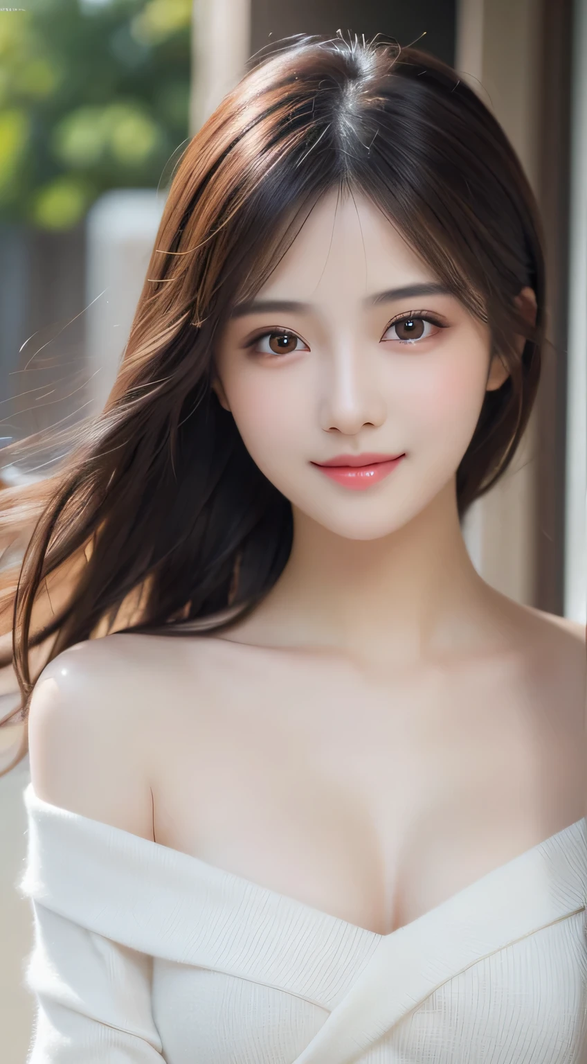 1girl, Extremely cute, amazing face and eyes, (extremely detailed beautiful face), (Ultra realistic), (highly detailed eyes, highly detailed hair, highly detailed face, highly detailed plump lips), naked, (off shoulder), breasts, upper body, caute smile, (best quality:1.4), Raw photo, (realistic, photo-realistic:1.37), professional photography, cinematic light,
