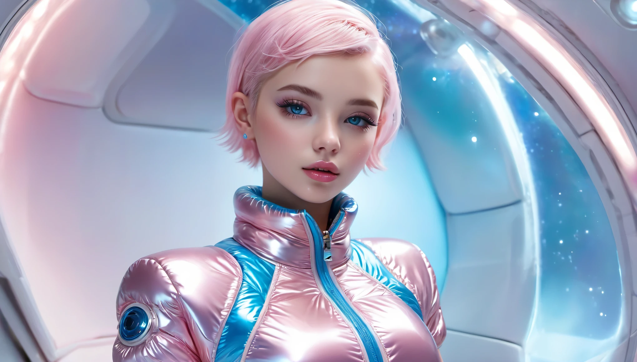 Masterpiece, Best Quality, ((cute girl in a light pink blue open shiny puffer, short sleeves, small perky breasts, extremely detailed face, beautiful detailed eyes, beautiful detailed lips, pixie side shaved hair, small hips, in a spaceship, full body))