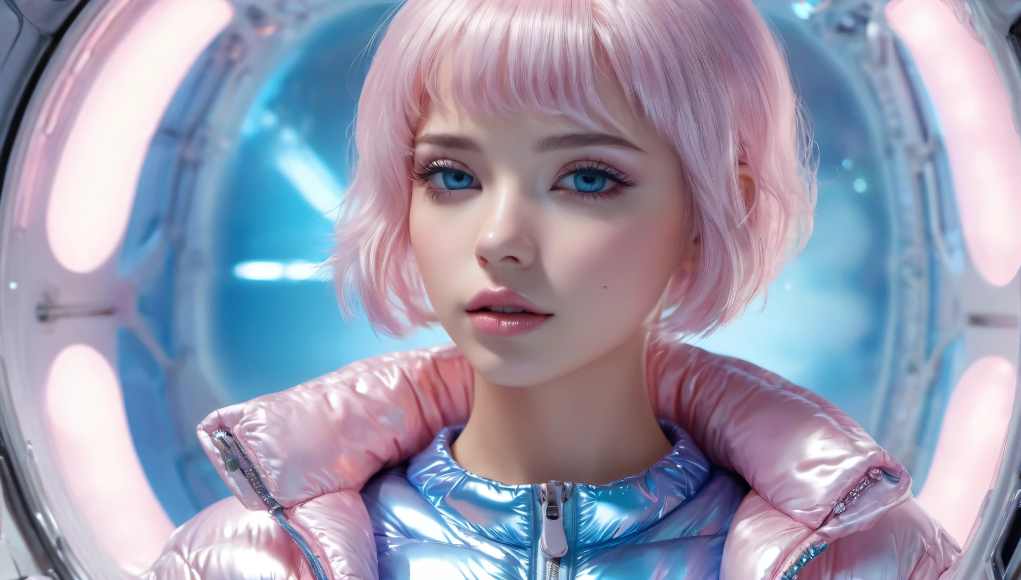 Masterpiece, Best Quality, ((cute girl in a light pink blue open shiny puffer, short sleeves, small perky breasts, extremely detailed face, beautiful detailed eyes, beautiful detailed lips, pixie side shaved hair, small hips, in a spaceship, full body))