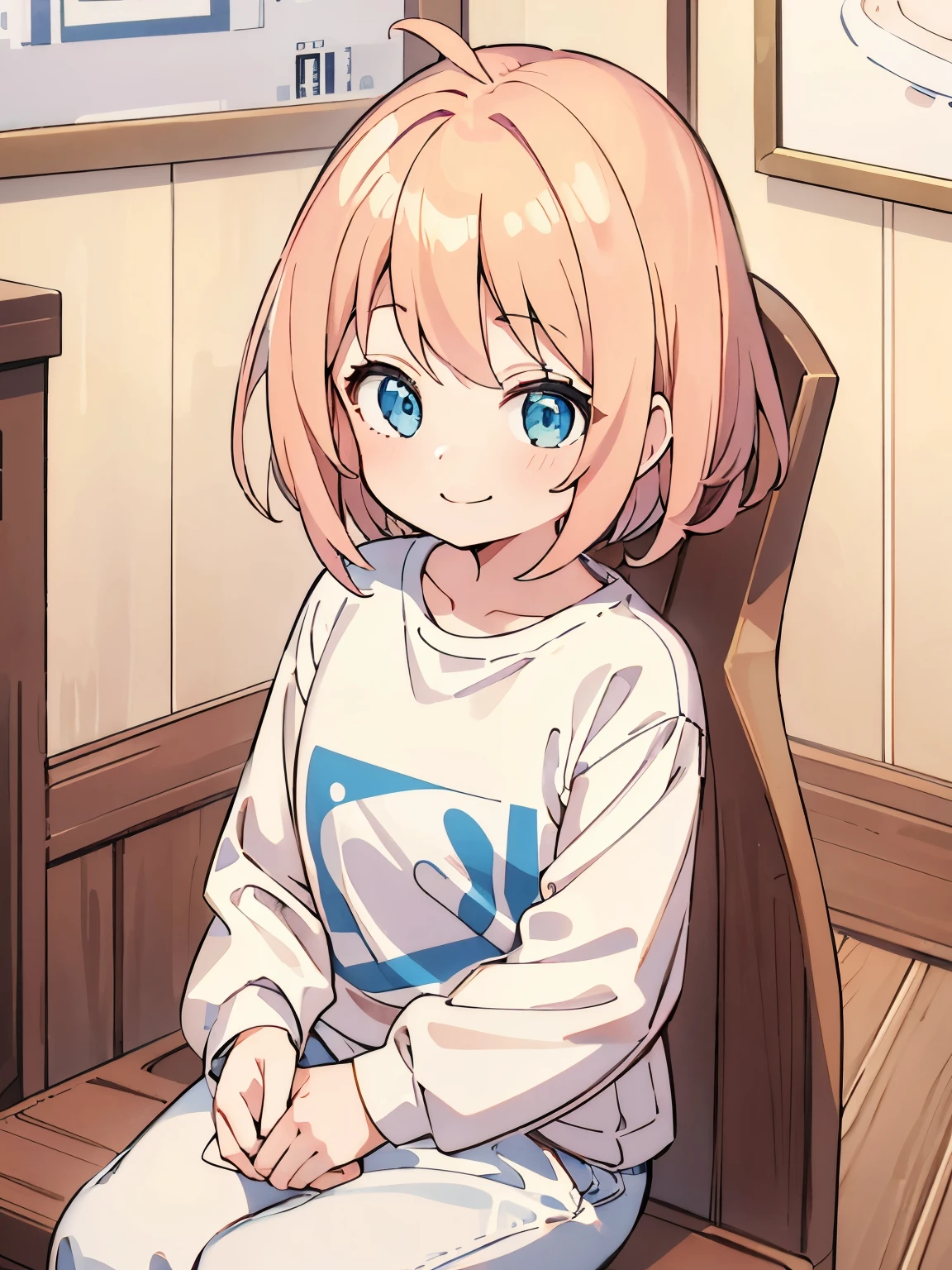 1girl,6 ,Sit down,Smile,blonde hair, blonde hair,blue eyes,Long sleeve t-shirt, white t-shirt,white trousers, very cute, very short hair, side bangs,ultra detail, ultra HD