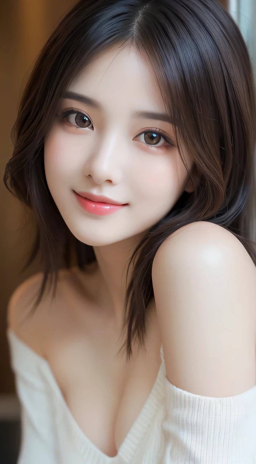 1girl, Extremely cute, amazing face and eyes, (extremely detailed beautiful face), (Ultra realistic), (highly detailed eyes, highly detailed hair, highly detailed face, highly detailed plump lips), naked, (off shoulder), breasts, upper body, caute smile, (best quality:1.4), Raw photo, (realistic, photo-realistic:1.37), professional photography, cinematic light,