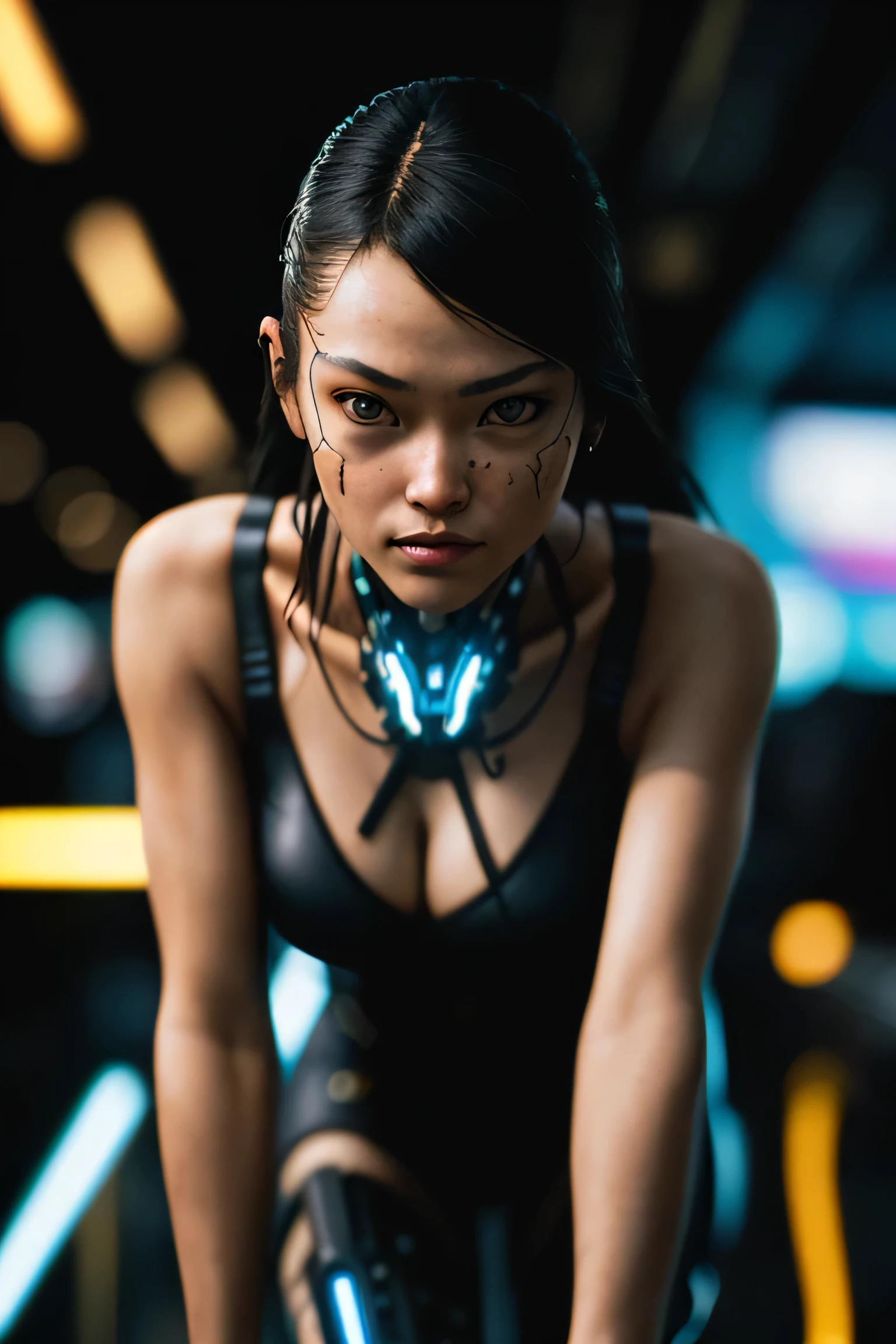 (masterpiece), (extremely intricate:1.3), (realistic), a girl, (cyberpunk), (dynamic perspective), dynamic angle, the most beautiful in the world, (crouch down), indoors, caferacer, Aomori, Haifa, smirk, professional photograph of a stunning woman detailed, sharp focus, dramatic, award winning, cinematic lighting, octane render unreal engine, volumetrics dtx, (film grain, blurry background, blurry foreground, bokeh, depth of field)