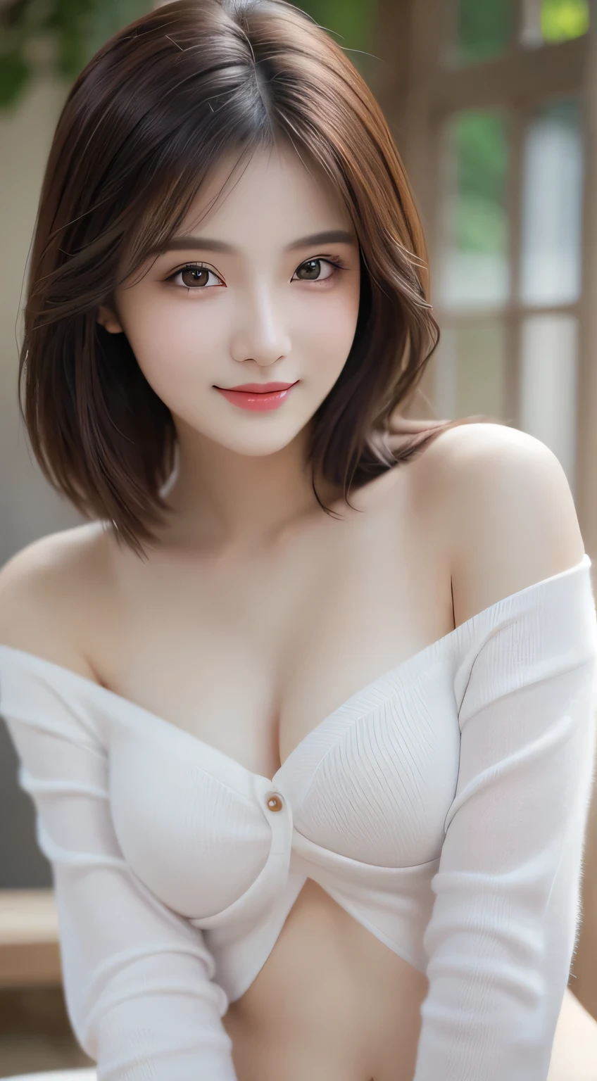 1girl, Extremely cute, amazing face and eyes, (extremely detailed beautiful face), (Ultra realistic), (highly detailed eyes, highly detailed hair, highly detailed face, highly detailed plump lips), naked, (off shoulder), breasts, upper body, caute smile, (best quality:1.4), Raw photo, (realistic, photo-realistic:1.37), professional photography, cinematic light,