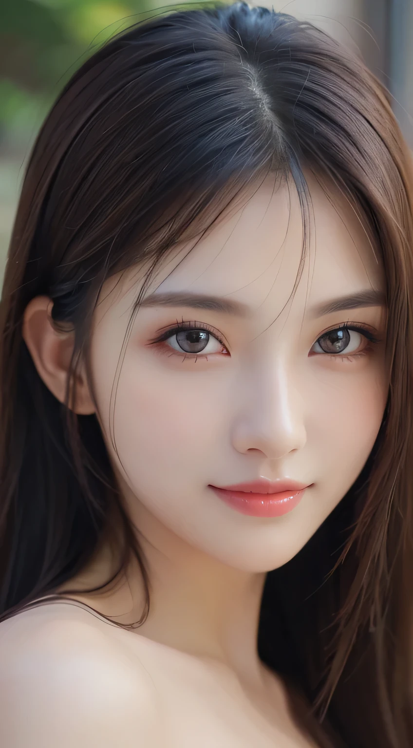 1girl, Extremely cute, amazing face and eyes, (extremely detailed beautiful face), (Ultra realistic), (highly detailed eyes, highly detailed hair, highly detailed face, highly detailed plump lips), naked, (off shoulder), breasts, upper body, caute smile, (best quality:1.4), Raw photo, (realistic, photo-realistic:1.37), professional photography, cinematic light,