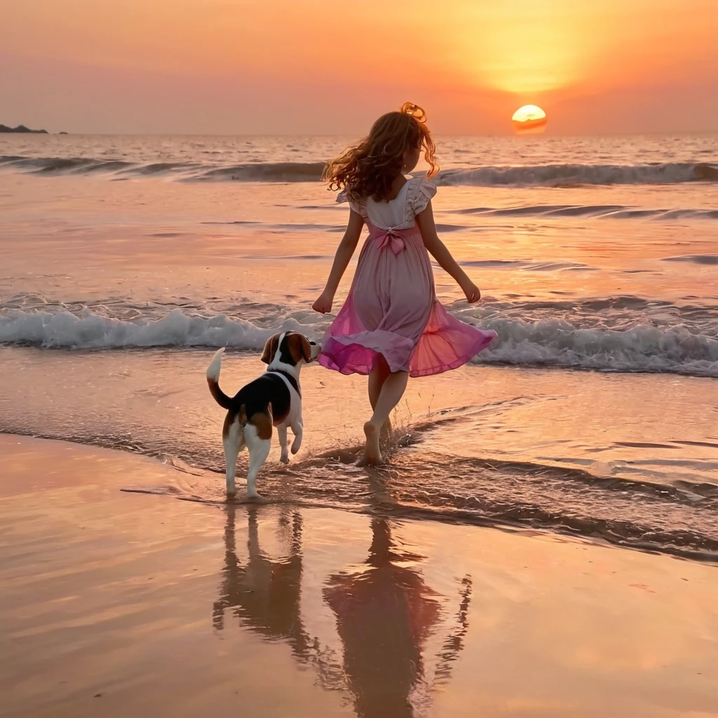 Create Anime.
In the foreground is a young girl, walk along the shore. she has curly hair, loosely tied with ribbon, and she&#39;s dressed in light, flowing sundress. A playful beagle runs next to her., his ears flutter with every step. They both leave delicate footprints on the soft wet sand..

The rising sun is in the background, flooding the stage with warm golden light, lighting up the sky orange, pink and purple tones. calm sea, only small, gentle ripples break its surface, reflecting sunset colors.

The mood is calm and joyful, capture the perfect, a serene moment between a girl and her beloved dog at the end of a beautiful day.

