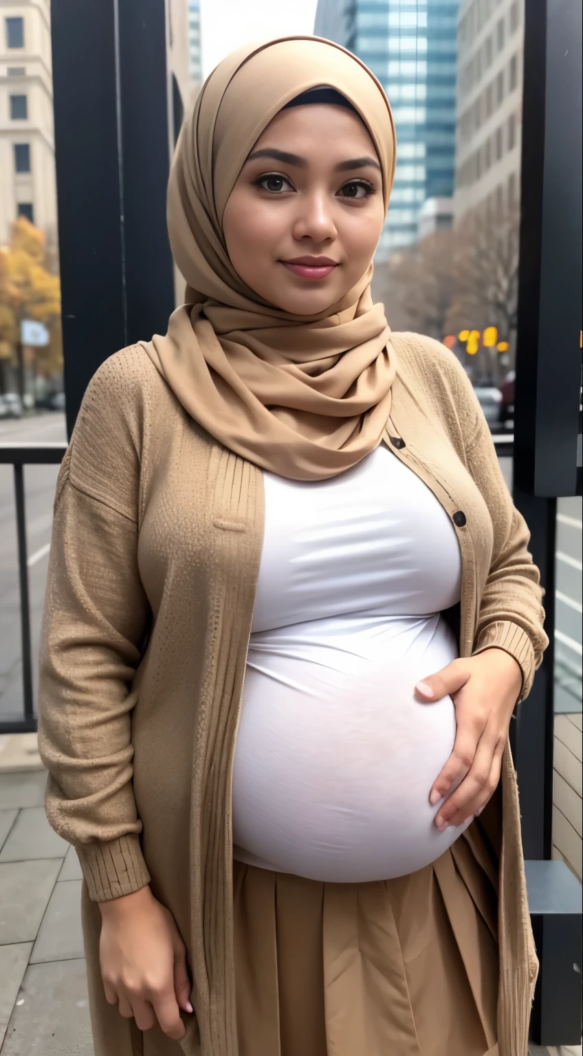 RAW, Best quality, high resolution, masterpiece: 1.3), Beautiful Malay woman in hijab, Masterpiece, perfect fit body, Big breasts, ((huge pregnant)), beautiful big eyes, Soft smile,RAW, Best quality, high resolution, masterpiece: 1.3), beautiful Malay woman in hijab,Masterpiece, perfect fit body, ((Huge breast)), big orgeous eyes, Soft smile, woman in a tan shirt and brown skirt posing for a picture, hijab, brown shirt, woman model, cardigan, beutifull girl, cream colored blouse, light brown, modern casual clothing, beige hoodie, light tan, casual modern clothing, lovely woman, long sleeves, beige, very , brown clothes, wearing a blouse, sie boob, cute woman , wearing floral pleated skirt, smooth turtleneck, necklace , hairband, evening walk, City park, Great lighting, Bright colors, Clean lines