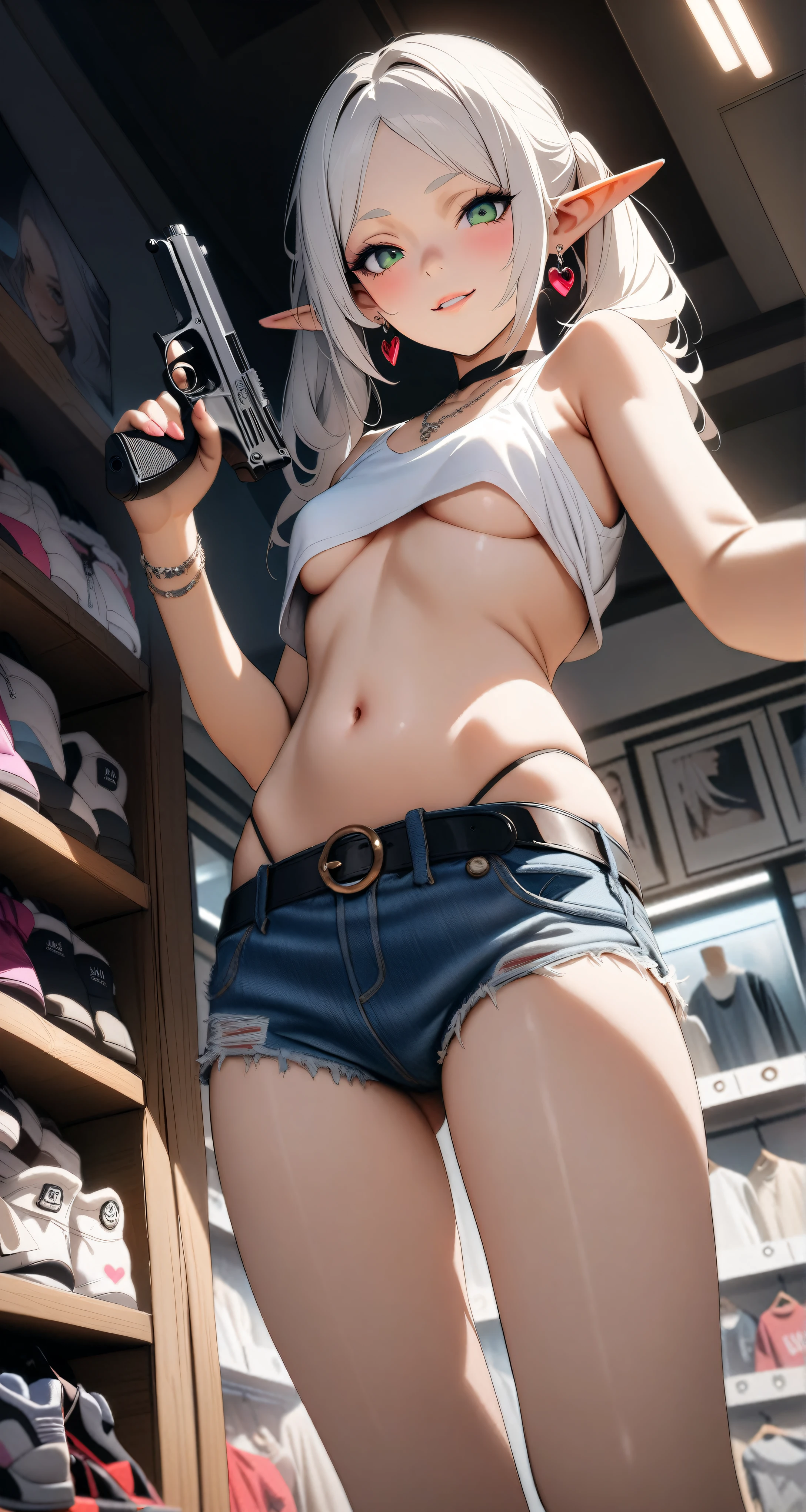 high-key and low-variance brightness scale,soft light,realistic light and shadow, light and dark interlaced,(from below:1.3),underboob focus,(aiming at viewer:1.4),looking at viewer,dramatic angle,(solo:1.6)
(masterpiece),(best quality),(highres),(by famous artist),(((official art))),(by Paul Hedley),(illustration),
1girl,(frieren:1.6),(elf:1.4),fashionable female
(small breasts:1.3),(underboob:1.5),(whole body),(round face),(pointy ears),(slim legs),(skinny body),(detailed beautiful face),lustrous skin,shiny skin,(articulated fingers),navel,midriff,thick lips
(white tank top:1.4),(thong:1.4),(frayed denim shorts),(white socks),(sport shoes),(off shoulders),(belly chain),belt,hair ornament,heart-shaped earrings,silver bracelet,black choker
indoor,(clothing store:1.4),(multiple clothes),small items on display,various accessories,jewelry,earrings,makeup,collarbone necklace,headpiece,
((seductive smile)),blush,((standing)),(holding pistol:1.4),
(sunglasses:1.2),(green eyes)
(white hair),long hair,twintails,parted bangs,(reflective hair),