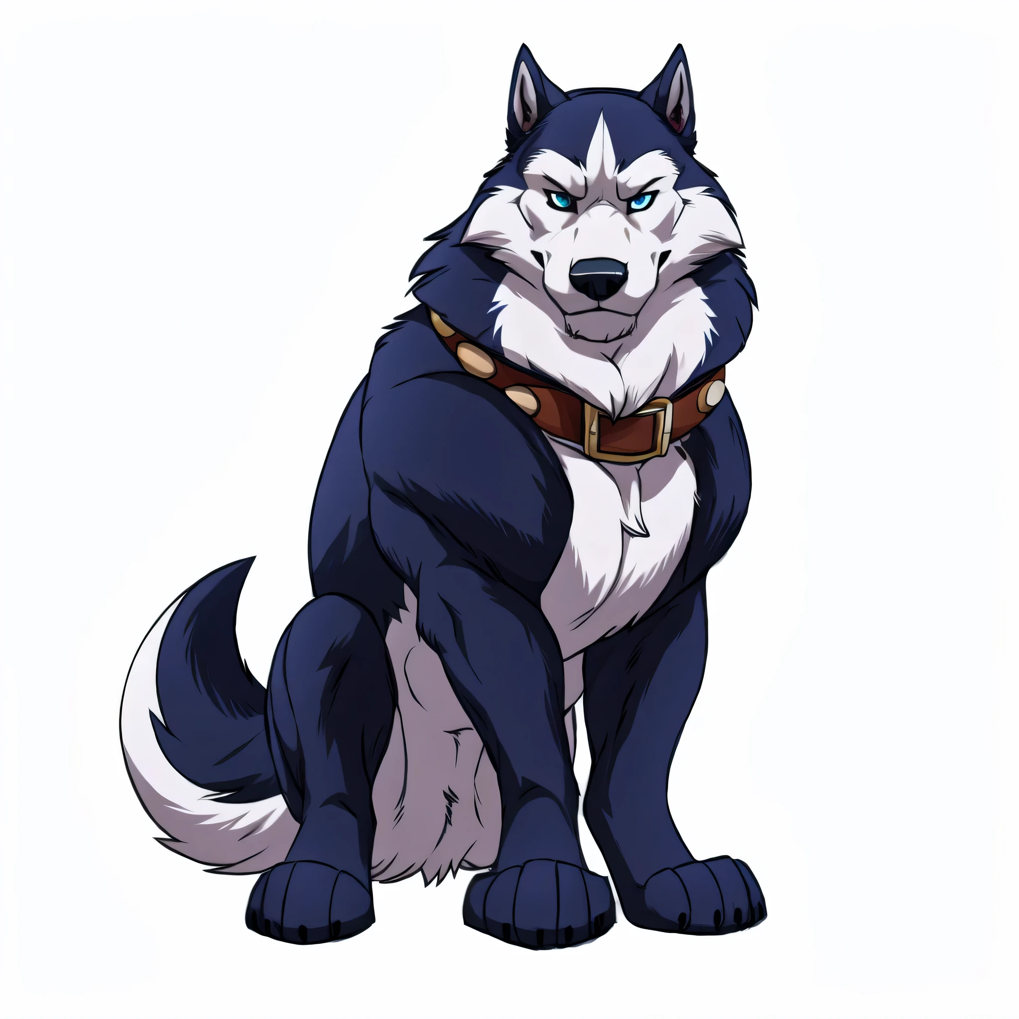 alaskan malamute, masculine, male, feral alaskan malamute, quadruped, feral, very muscular:1.5, tight muscles:1.2, well defined muscles:1.2, pectorals:1.5, muscular forelegs, muscular hindlegs, wide chest, muscular chest, wfa style, detailed eyes, white background, proud, serious expression, full body, wolf feet, big collar, blue eyes, sitting