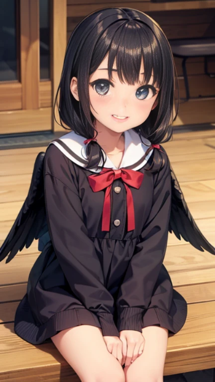 ((masterpiece)),((highest quality)),((Anatomical)),((Realistic)),((Detailed Description)),((cute)),((のcute部屋)),(((Kindergarteners))),((Beautiful Eyes)),((Baby Face)),((Petite)),((smile)),((White teeth)),((Black wings)),