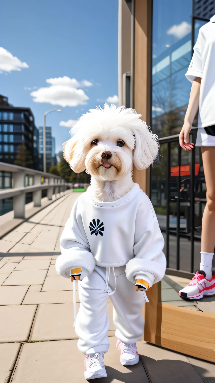 There is a little white dog standing on the sidewalk near the door, cute dog, Wearing sportswear, 8k)), Cute sportswear, Athletic, very fashionable, she is wearing Streetwear, White fluffy outfit, Wear sportswear, Instagram post, Streetwear, looking heckin cool and stylish, very fashionable, Strike a cool pose, Very detailed. Smooth