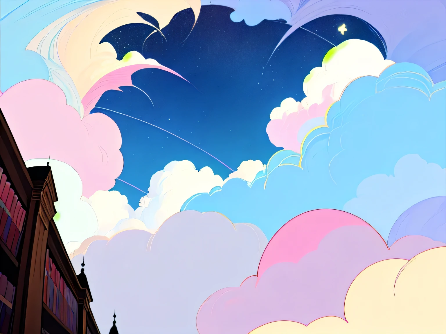 (((masterpiece))), (((Best quality))), background wallpaper, Fantastic library with a bunch of clouds in white, blue and pink flowers. many fantastic clouds, stars are visible, no people. a lot of books летает, there are characteristic curls in the clouds. pastel colors. a lot of books.