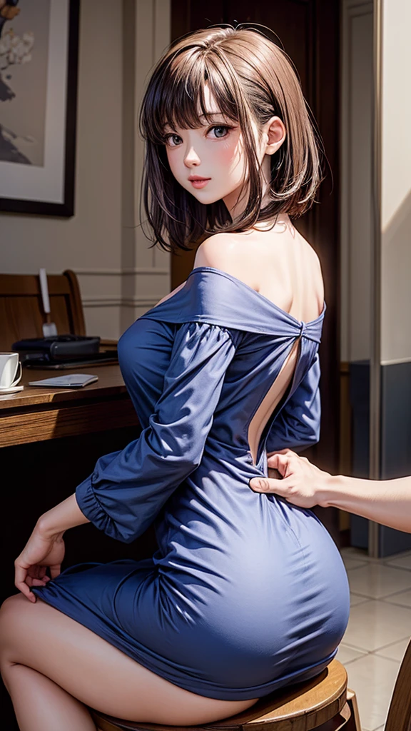 highest quality、4K quality、Man Sitting On A Chair、Woman in off-the-shoulder summer dress riding on man、a man puts his hand inside a woman's clothes、Woman hugs man、The woman's buttocks are exposed