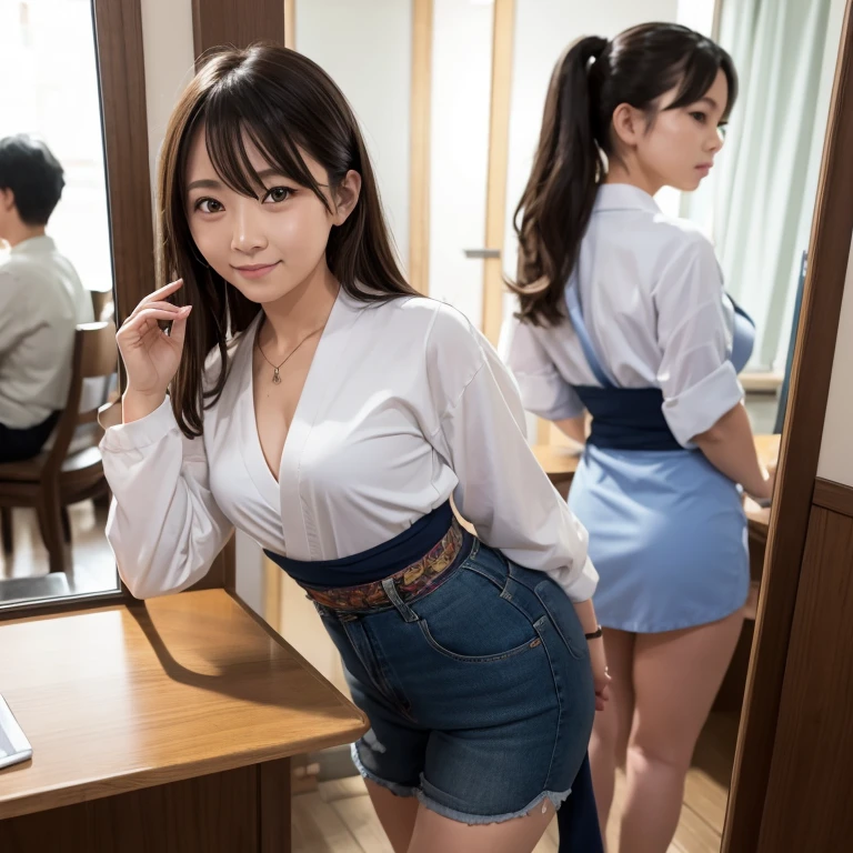 Temptation through the mirror、Small breasts、((Nipples:0.2)) Wear a Japan kimono、Knee30㎝、In the vibrant atmosphere of the cafe、One waitress stands out。She is busy、He clearly finds joy in his work.。Handle customer orders efficiently、Sometimes with a bit of light humor、It makes the atmosphere more relaxed.。Her presence、カフェFor、people visiting々For、It adds a special charm、The length is too short and your pants are visible、