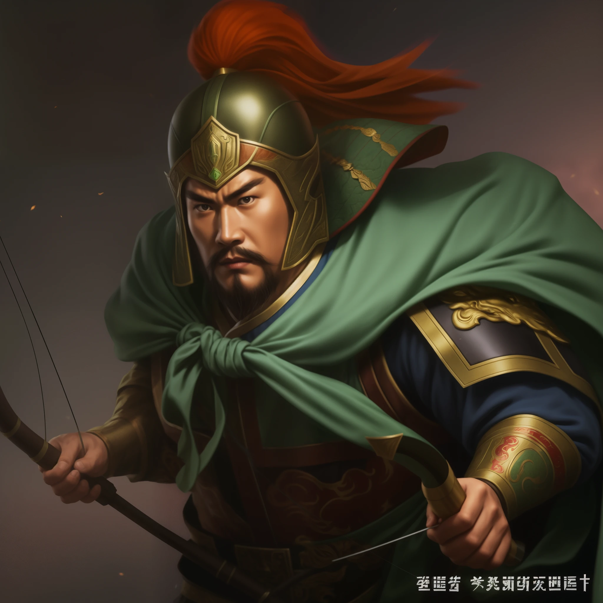 A man holding a bow and arrow、Close-up of a man in a cloak, guan yu, zhao yun, Inspired by Hu Zaobin, , inspired by Cao Zhibai, China Three Kingdoms, bian lian, inspired by Wu Zuoren, xianxia hero, by Qu Leilei, Mongol, Inspired by Li Rongjin