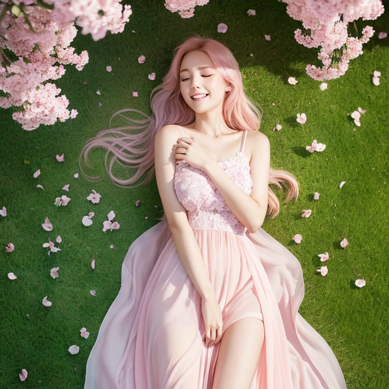 A young, beautiful woman with long pink hair was sleeping on the grass in a park with her eyes closed and smiling. Focal length 100mmf/2.8, spring evening, sunny, grass under the sunlight filtering through the trees, cherry blossom petals dancing around, well-shaped face, toned body, long pink hair, long pink dress, bird's-eye view, realistic feeling, 8K image quality, best quality.