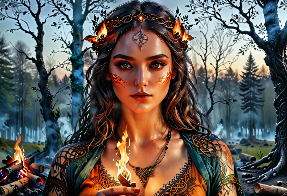 Double exposure Beltane campfire, Sketch with ink. A beautiful woman In an ancient Celtic Against the background of Folk Irish night campfire dances, mystical Celtic clothes and makeup. Multi exposure Sacred May Tree in Celtic patterns. References to the work of Philippe Vignal . High Resolution, High Quality, Masterpiece, ultra hd, realistic, vivid colors, highly detailed, UHD drawing, pen and ink, perfect composition, beautiful detailed intricate insanely detailed octane render trending on artstation, 8k artistic photography, photorealistic concept art, soft natural volumetric cinematic perfect light,digital rendering. sharp focus, studio photo, intricate details, highly detailed