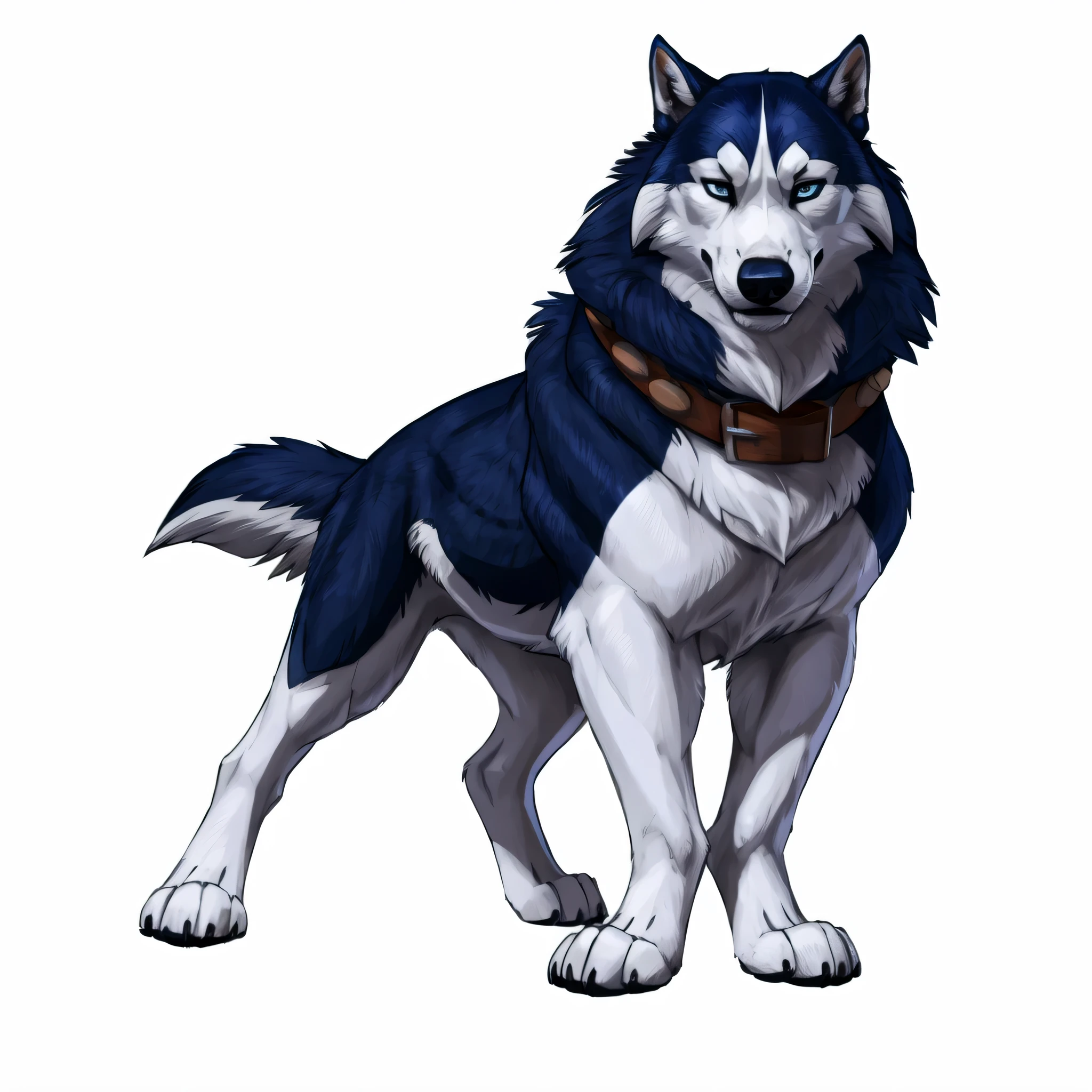 alaskan malamute, masculine, male, feral alaskan malamute, quadruped, feral, very muscular:1.5, tight muscles:1.2, well defined muscles:1.2, pectorals:1.5, muscular forelegs, muscular hindlegs, wide chest, muscular chest, taran fiddler style, detailed eyes, blue eyes, winter background, proud, serious expression, full body, wolf feet, big collar, detailed fur