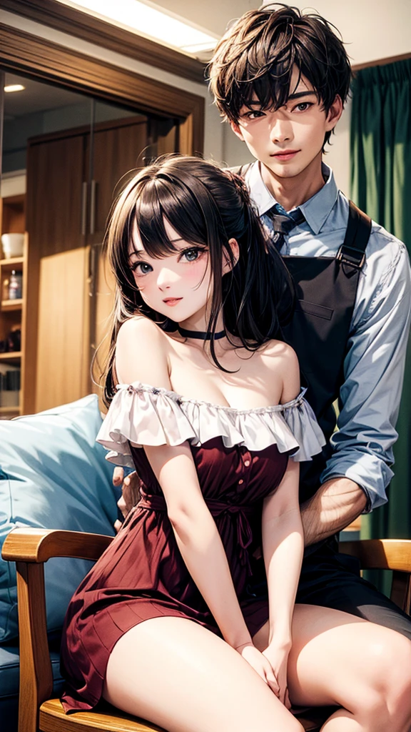 highest quality、4K quality、Man Sitting On A Chair、Woman in off-the-shoulder summer dress riding on man、a man puts his hand inside a woman's clothes、Woman hugs man