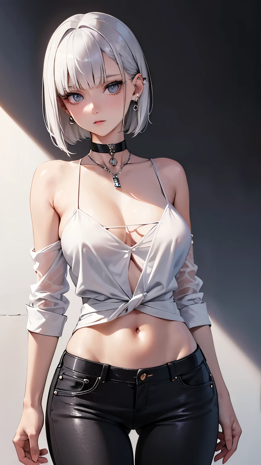best quality, super fine, 16k, incredibly absurdres, extremely detailed, beautiful cute girl with cool model-like figure, silvery white short bob cut, bangs, white open-necked shirt, platinum Piercings, platinum necklace, slender perfect proportion, black cap, black earrings, black choker, black jeans