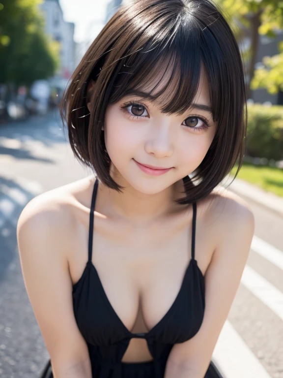 nude,((masterpiece)), ((best quality)), (ultra-detailed), ((kawaii)), cute, (lovely), realistic, real, full body, In town, daytime, a cute girl, 1girl, solo, beautiful black hair, beautiful black eyes, ((beautiful eyes)), short hair, ribon, smile,crevage,Small breasts,