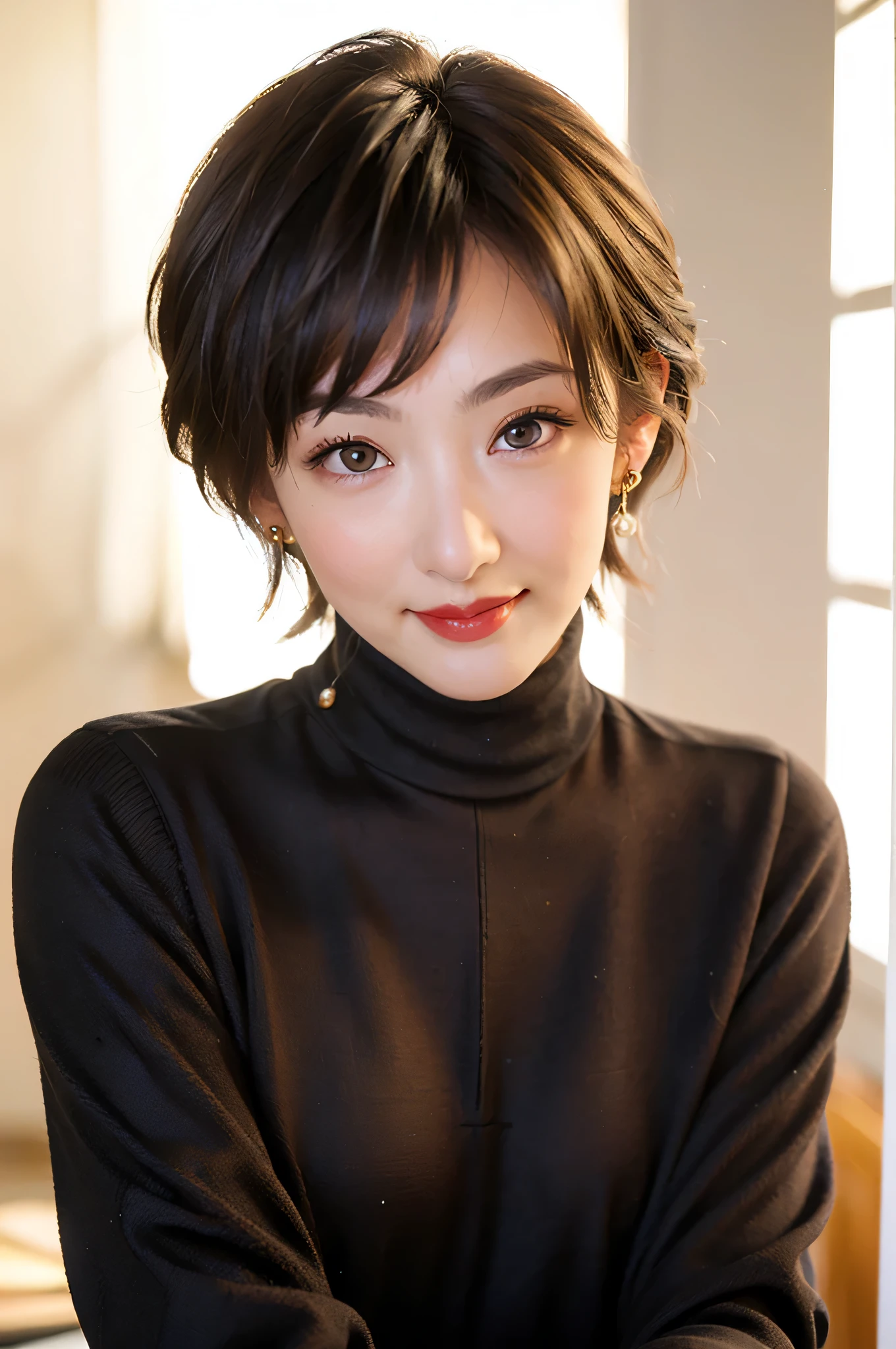(red lips:1.4), full body, (turtleneck cable knit tight sweater:1.3), , 1girl,solo,
(8k, RAW photo, best quality, masterpiece:1.3),(realistic, photo-realistic:1.37),realistic skin texture,(photorealistic:1.3),(hyperrealistic:1.2), (short hair:1.4) , seducting pose, (black clothes:1.8), (light brown hair:1.7), (seducting smile:1.4), (cheek dimples:1.4), earrings, golden necklace,