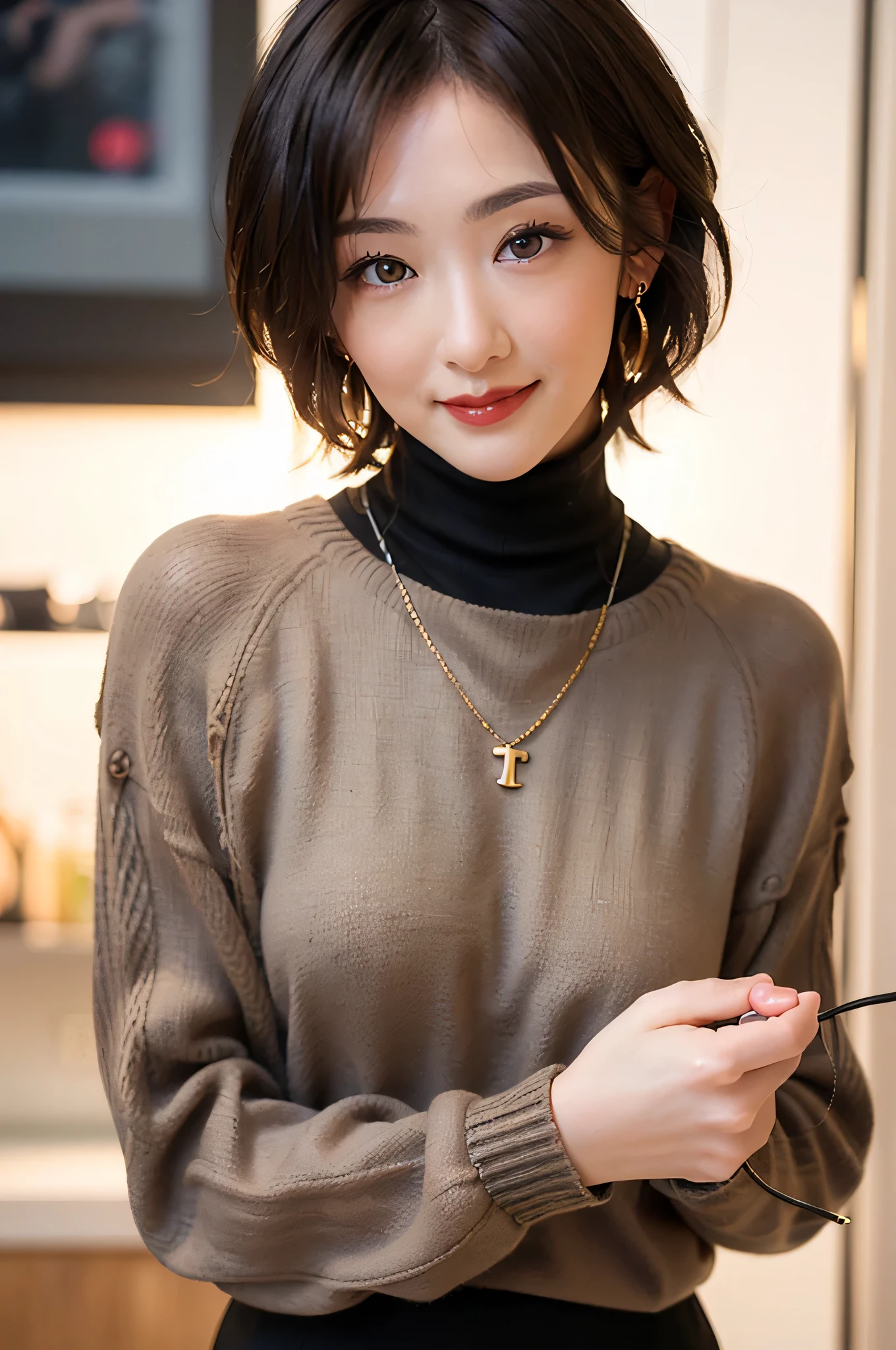 (red lips:1.4), full body, (turtleneck cable knit tight sweater:1.3), , 1girl,solo,
(8k, RAW photo, best quality, masterpiece:1.3),(realistic, photo-realistic:1.37),realistic skin texture,(photorealistic:1.3),(hyperrealistic:1.2), (short hair:1.4) , seducting pose, (black clothes:1.8), (light brown hair:1.7), (seducting smile:1.4), (cheek dimples:1.4), earrings, golden necklace, 