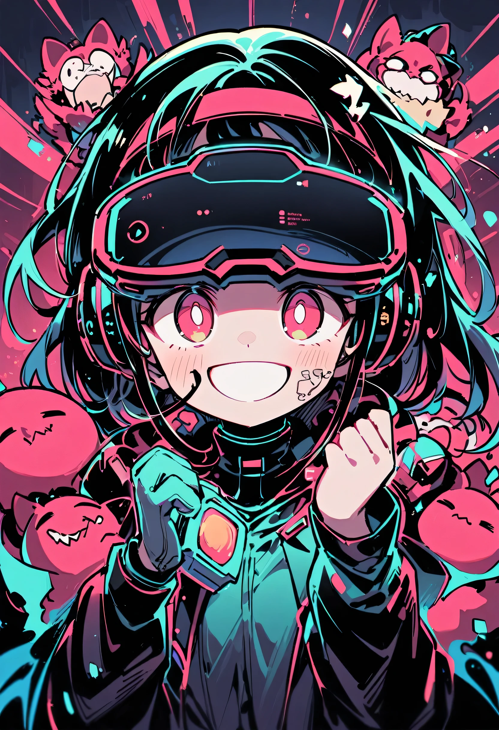 <lora:KoyоrinCyberpunk:1>, (best quality, ), (masterpiece), (absurdres), 1girl, black hair, bangs, red eyes, fangs, open mouth, earrings, green jacket, jacket, open jacket, head-mounted display, flat color, gradient light, glitch effect, portrait, cyberpunk, cyborg, neon colors, neon palette, techwear
