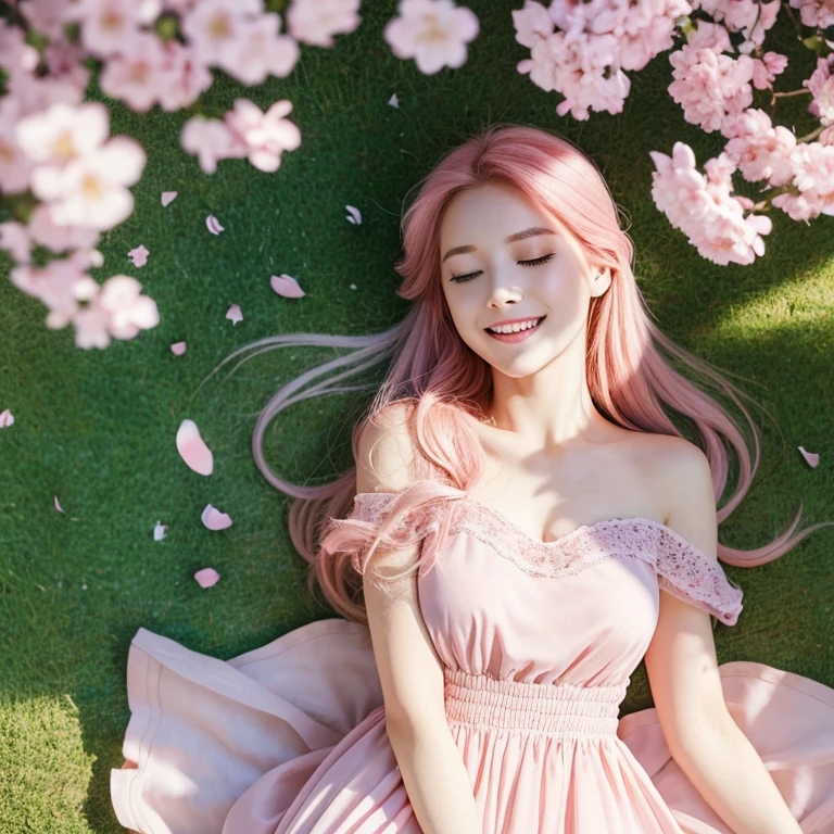 A young, beautiful woman with long pink hair was sleeping on the grass in a park with her eyes closed and smiling. Focal length 100mmf/2.8, spring evening, sunny, grass under the sunlight filtering through the trees, cherry blossom petals dancing around, well-shaped face, toned body, long pink hair, long pink dress, bird's-eye view, realistic feeling, 8K image quality, best quality.